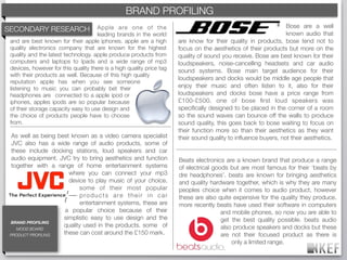 KEF BRAND DECODING
                                               BRAND PROFILING
                                      Apple are one of the                                                       Bose are a well
SECONDARY RESEARCH
                                      leading brands in the world                                                known audio that
 and are best known for their apple iphones. apple are a high          are know for their quality in products, bose tend not to
 quality electronics company that are known for the highest            focus on the aesthetics of their products but more on the
 quality and the latest technology. apple produce products from        quality of sound you receive. Bose are best known for their
 computers and laptops to Ipads and a wide range of mp3                loudspeakers, noise-cancelling headsets and car audio
 devices, however for this quality there is a high quality price tag   sound systems. Bose main target audience for their
 with their products as well. Because of this high quality
                                                                       loudspeakers and docks would be middle age people that
 reputation apple has when you see someone
 listening to music you can probably bet their                         enjoy their music and often listen to it, also for their
 headphones are connected to a apple ipod or                           loudspeakers and docks bose have a price range from
 iphones, apples ipods are so popular because                          £100-£500. one of bose ﬁrst loud speakers was
 of their storage capacity easy to use design and                      speciﬁcally designed to be placed in the corner of a room
 the choice of products people have to choose                          so the sound waves can bounce off the walls to produce
 from.                                                                 sound quality, this goes back to bose waiting to focus on
                                                                       their function more so than their aesthetics as they want
  As well as being best known as a video camera specialist             their sound quality to inﬂuence buyers, not their aesthetics.
  JVC also has a wide range of audio products, some of
  these include docking stations, loud speakers and car
  audio equipment. JVC try to bring aesthetics and function            Beats electronics are a known brand that produce a range
  together with a range of home entertainment systems                  of electrical goods but are most famous for their ‘beats by
                       where you can connect your mp3                  dre headphones’. beats are known for bringing aesthetics
                       device to play music of your choice.            and quality hardware together, which is why they are many
                           some of their most popular                  peoples choice when it comes to audio product, however
                            products are their in car                  these are also quite expensive for the quality they produce.
                            entertainment systems, these are           more recently beats have used their software in computers
                      a popular choice because of their                                 and mobile phones, so now you are able to
                     simplistic easy to use design and the                              get the best quality possible. beats audio
 BRAND PROFILING
                     quality used in the products. some of                              also produce speakers and docks but these
    MOOD BOARD
 PRODUCT PROFILING   these can cost around the £150 mark.                               are not their focused product as there is
                                                                                            only a limited range.
 