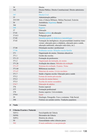 138EAD - CIAR/UFG/UAB
34 Direito
342 Direito Público. Direito Constitucional. Direito administra-
tivo
347 Direito Civil
35 Administração pública
355/359 Arte e Ciência Militares. Defesa Nacional. Exército
36 Assistência. Segurança Social.
366 Consumo
368 Seguros
37 Educação
37.01 Teoria e política da educação
37.013 Pedagogia geral
37.02 Questões gerais de didáctica e metodologia
37.03 Formação da inteligência e da personalidade (matérias trans-
versais: educação para a cidadania, educação para a saúde,
educação ambiental, educação rodoviária, etc.)
37.04 Orientação escolar e profissional
37.06 Problemas sociais. Relações escola-família
371 Organização do ensino. Sistemas educativos
371.1 Gestão das escolas.
371.13 Formação de professores
371.2 Organização da instrução, do ensino
371.26 Avaliação dos alunos. Métodos de avaliação
371.27 Sistemas de avaliação. Exames. Notas
371.64 Bibliotecas escolares
371.67 Materiais de ensino. Livros escolares
371.7 Saúde e higiene escolar. Educação para a saúde
373.2 Formas de ensino pré-escolar
373.3 Escolas do ensino básico
373.5 Escolas do ensino secundário
374.7 Educação de adultos
376 Ensino especial
377 Formação profissional
378 Ensino superior. Universidades
379.8 Lazer
39 Etnologia. Etnografia. Usos e costumes. Vida Social.
398 Folclore em sentido restrito. Tradições populares
4 Vazia
5 Ciências Exactas e Naturais
5(031) Enciclopédia da Ciência
5(038) Dicionário da Ciência
5(091) História da ciência
50 Generalidades sobre ciências puras
502 O meio ambiente e a sua protecção
 