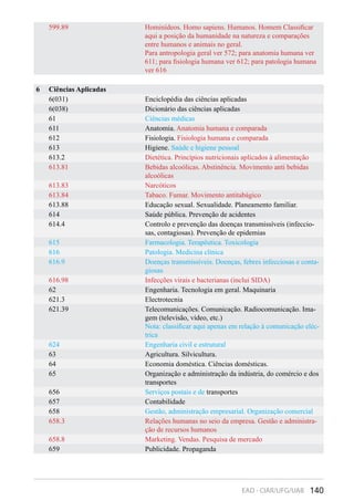 140EAD - CIAR/UFG/UAB
599.89 Hominídeos. Homo sapiens. Humanos. Homem Classificar
aqui a posição da humanidade na natureza e comparações
entre humanos e animais no geral.
Para antropologia geral ver 572; para anatomia humana ver
611; para fisiologia humana ver 612; para patologia humana
ver 616
6 Ciências Aplicadas
6(031) Enciclopédia das ciências aplicadas
6(038) Dicionário das ciências aplicadas
61 Ciências médicas
611 Anatomia. Anatomia humana e comparada
612 Fisiologia. Fisiologia humana e comparada
613 Higiene. Saúde e higiene pessoal
613.2 Dietética. Princípios nutricionais aplicados à alimentação
613.81 Bebidas alcoólicas. Abstinência. Movimento anti bebidas
alcoólicas
613.83 Narcóticos
613.84 Tabaco. Fumar. Movimento antitabágico
613.88 Educação sexual. Sexualidade. Planeamento familiar.
614 Saúde pública. Prevenção de acidentes
614.4 Controlo e prevenção das doenças transmissíveis (infeccio-
sas, contagiosas). Prevenção de epidemias
615 Farmacologia. Terapêutica. Toxicologia
616 Patologia. Medicina clínica
616.9 Doenças transmissíveis. Doenças, febres infecciosas e conta-
giosas
616.98 Infecções virais e bacterianas (inclui SIDA)
62 Engenharia. Tecnologia em geral. Maquinaria
621.3 Electrotecnia
621.39 Telecomunicações. Comunicação. Radiocomunicação. Ima-
gem (televisão, vídeo, etc.)
Nota: classificar aqui apenas em relação à comunicação eléc-
trica
624 Engenharia civil e estrutural
63 Agricultura. Silvicultura.
64 Economia doméstica. Ciências domésticas.
65 Organização e administração da indústria, do comércio e dos
transportes
656 Serviços postais e de transportes
657 Contabilidade
658 Gestão, administração empresarial. Organização comercial
658.3 Relações humanas no seio da empresa. Gestão e administra-
ção de recursos humanos
658.8 Marketing. Vendas. Pesquisa de mercado
659 Publicidade. Propaganda
 