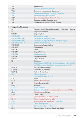 142EAD - CIAR/UFG/UAB
796.3 Jogos de bola
796.4 Ginástica. Acrobacia. Atletismo
796.5 Excursões. Montanhismo. Campismo
796.6 Desportos sobre rodas. Ciclismo. Patinagem
796.7 Automobilismo. Motociclismo.
796.8 Desportos de combate. Provas de força.
797 Desporto aquático. Desporto aéreo
798 Desportos com cavalos e outros animais
8 Linguística. Literatura
80 Questões gerais relativas à linguística e à literatura. Filologia
81 Linguística. Línguas
811.111 Língua inglesa
811.111(038) Dicionário de Inglês
811.111(038)=134.3 Dicionário de Inglês-Português
811.111(038)=134.3
811.134.3(038)=111
Dicionário de Inglês-Português, Português-Inglês
[indicar duas notações]
811.111’36 Gramática da língua inglesa
811.112.2 Língua alemã
811.124 Latim
811.133.1 Língua francesa
811.134.2 Língua espanhola
811.134.3 Língua portuguesa
811.14’02 Grego clássico
82 Literatura
Indicar aspectos filológicos da literatura dando outra notação
em 801 e aspectos linguísticos com outra notação em 81
82(031) Enciclopédia de literatura
82(038) Dicionário de literatura
82(091) História da literatura
82-1/-9 Géneros literários
Nota: aplicáveis em 821.1/.9
82-1 Poesia
82-2 Drama / Peças de teatro
82-3 Ficção. Prosa narrativa
82-31 Romance
82-311.9 Ficção científica
82-312.4 Romance policial. Romance de mistério, suspense. Thrillers
82-32 Histórias curtas. Novela
82-34 Conto. Lenda
82-342 Contos com teoria ou prática moral
82-343 Mitos. Lendas. Contos de fadas
82-39 Romances antigos. Medievais. De cavalaria
82-6 Cartas. Arte epistolar
82-83 Diálogos filosóficos ou discursivos
82-9 Outros géneros literários – banda desenhada
 