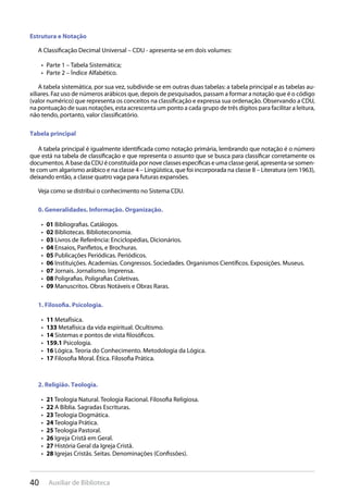 40 Auxiliar de Biblioteca
Estrutura e Notação
A Classificação Decimal Universal – CDU - apresenta-se em dois volumes:
Parte 1 – Tabela Sistemática;• 
Parte 2 – Índice Alfabético.• 
A tabela sistemática, por sua vez, subdivide-se em outras duas tabelas: a tabela principal e as tabelas au-
xiliares. Faz uso de números arábicos que, depois de pesquisados, passam a formar a notação que é o código
(valor numérico) que representa os conceitos na classificação e expressa sua ordenação. Observando a CDU,
na pontuação de suas notações, esta acrescenta um ponto a cada grupo de três dígitos para facilitar a leitura,
não tendo, portanto, valor classificatório.
Tabela principal
A tabela principal é igualmente identificada como notação primária, lembrando que notação é o número
que está na tabela de classificação e que representa o assunto que se busca para classificar corretamente os
documentos. A base da CDU é constituída por nove classes específicas e uma classe geral, apresenta-se somen-
te com um algarismo arábico e na classe 4 – Lingüística, que foi incorporada na classe 8 – Literatura (em 1963),
deixando então, a classe quatro vaga para futuras expansões.
Veja como se distribui o conhecimento no Sistema CDU.
0. Generalidades. Informação. Organização.
01•  Bibliografias. Catálogos.
02•  Bibliotecas. Biblioteconomia.
03•  Livros de Referência: Enciclopédias, Dicionários.
04•  Ensaios, Panfletos, e Brochuras.
05•  Publicações Periódicas. Periódicos.
06•  Instituições. Academias. Congressos. Sociedades. Organismos Científicos. Exposições. Museus.
07•  Jornais. Jornalismo. Imprensa.
08•  Poligrafias. Poligrafias Coletivas.
09•  Manuscritos. Obras Notáveis e Obras Raras.
1. Filosofia. Psicologia.
11•  Metafísica.
133•  Metafísica da vida espiritual. Ocultismo.
14•  Sistemas e pontos de vista filosóficos.
159.1•  Psicologia.
16•  Lógica. Teoria do Conhecimento. Metodologia da Lógica.
17•  Filosofia Moral. Ética. Filosofia Prática.
2. Religião. Teologia.
21•  Teologia Natural. Teologia Racional. Filosofia Religiosa.
22•  A Bíblia. Sagradas Escrituras.
23•  Teologia Dogmática.
24•  Teologia Prática.
25•  Teologia Pastoral.
26•  Igreja Cristã em Geral.
27•  História Geral da Igreja Cristã.
28•  Igrejas Cristãs. Seitas. Denominações (Confissões).
 