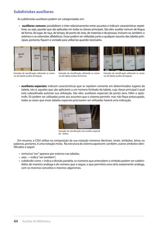 44 Auxiliar de Biblioteca
Subdivisões auxiliares
As subdivisões auxiliares podem ser categorizadas em:
•  auxiliares comuns: possibilitam o inter-relacionamento entre assuntos e indicam características repeti-
tivas, ou seja, aquelas que são aplicadas em todas as classes principais. São eles: auxiliar comum de língua
de forma, de lugar, de raça, de tempo, de ponto de vista, de materiais e de pessoas. Incluem-se, também, o
asterisco e as extensões alfabéticas. Essas podem ser utilizadas junto a qualquer assunto das tabelas prin-
cipais, portanto, fiquem à vontade para utilizá-las quando necessário.
auxiliares especiais:•  indicam características que se repetem somente em determinados lugares da
tabela, isto é, aqueles que são aplicáveis a um número limitado da tabela, cuja classe principal à qual
está subordinada autorize sua utilização. São eles: auxiliares especiais de ponto zero, hífen e após-
trofo. Só podem ser utilizadas junto aos assuntos que o sistema permitir, mas não fique preocupado,
todas as vezes que essas tabelas especiais precisarem ser utilizadas haverá uma indicação.
Em resumo, a CDU utiliza na composição da sua notação números decimais, sinais, símbolos, letras ou
palavras, portanto, é uma notação mista. Na estrutura do sistema aparecem, também, outros símbolos iden-
tificados a seguir:
remissiva“ver”aparece por extenso nas tabelas;• 
seta•  → indica“ver também”;
subdividir como = indica a divisão paralela, os números que antecedem o símbolo podem ser subdivi-• 
didos de maneira análoga à do número que o segue, o que permitirá uma série exatamente análoga,
com os mesmos conceitos e mesmos algarismos.
Exemplo de classificação utilizando os núme-
ros da tabela auxiliar de línguas.
Exemplo de classificação com auxiliar especial
de - (hífen).
Exemplo de classificação utilizando os núme-
ros da tabela auxiliar de formas.
Exemplo de classificação utilizando os núme-
ros da tabela auxiliar de lugares.
 