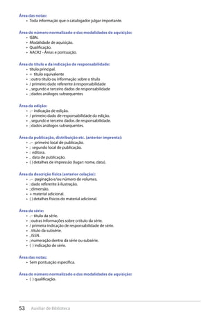 53 Auxiliar de Biblioteca
Área das notas:
Toda informação que o catalogador julgar importante.• 
Área do número normalizado e das modalidades de aquisição:
ISBN.• 
Modalidade de aquisição.• 
Qualificação.• 
AACR2 - Áreas e pontuação.• 
Área do título e da indicação de responsabilidade:
título principal.• 
= título equivalente• 
: outro título ou informação sobre o título• 
/ primeiro dado referente à responsabilidade• 
, segundo e terceiro dados de responsabilidade• 
; dados análogos subsequentes• 
Área da edição:
.-- indicação de edição.• 
/ primeiro dado de responsabilidade da edição.• 
, segundo e terceiro dados de responsabilidade.• 
; dados análogos subsequentes.• 
Área da publicação, distribuição etc. (anterior imprenta):
.-- primeiro local de publicação.• 
; segundo local de publicação.• 
: editora.• 
, data de publicação.• 
( ) detalhes de impressão (lugar: nome, data).• 
Área da descrição física (anterior colação):
.-- paginação e/ou número de volumes.• 
: dado referente à ilustração.• 
; dimensão.• 
+ material adicional.• 
( ) detalhes físicos do material adicional.• 
Área da série:
.-- título da série.• 
: outras informações sobre o título da série.• 
/ primeira indicação de responsabilidade de série.• 
. título da subsérie.• 
, ISSN.• 
; numeração dentro da série ou subsérie.• 
( ) indicação de série.• 
Área das notas:
Sem pontuação específica.• 
Área do número normalizado e das modalidades de aquisição:
( ) qualificação.• 
 