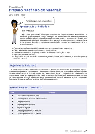62EAD - CIAR/UFG/UAB
Temática 3
Preparo Mecânico de Materiais
Carga horária: 6 horas
Apresentação da Unidade 3
Bem-vindos(as)!
Aqui serão apresentadas orientações referentes ao preparo mecânico de materiais. Os
conteúdos que compõem o campo abrangido por essa modalidade estão compreendidos
dentro do módulo de processamento técnico. Não se apresenta como uma disciplina em sen-
tido amplo, mas como uma atividade posterior à classificação de assuntos e à descrição física
de documentos. Seus desdobramentos como atividades inerentes ao processamento técnico
se constituem em:
Carimbar o material nos devidos lugares e com os tipos de carimbos adequados;• 
Colar o bolso no livro, onde constarão os dados de empréstimo;• 
Etiquetar o material com etiquetas contendo os dados de localização do livro;• 
Registro do livro na biblioteca;• 
Compor a notação de autor para individualização da obra no acervo e distribuição e organização dos• 
livros nas estantes.
O objetivo desta unidade é possibilitar a compreensão do conjunto de atividades que compõem o prepa-
ro mecânico de materiais, capacitando-o a desempenhá-las com qualidade, aliando eficácia na realização do
trabalho com eficiência na utilização dos recursos. Possibilitará, ainda, a compreensão da importância que
essa atividade impõe ao processo de busca e recuperação da informação. Aqui, serão abordadas as técnicas
de: carimbagem do material; colagem de bolso; etiquetagem do material; noções de registro; composição
de notação de autor e por fim, a organização dos livros nas estantes.
Apresentação da Unidade 3
Prontos(as) para mais uma unidade?
Roteiro Unidade Temática 3
Tema Conteúdo
1 Conhecendo as partes do livro
2 Carimbagem de materiais informacionais
3 Colagem de bolso
4 Etiquetagem de material
5 Noções de registro
6 Composição de notação do autor
7 Organização dos livros na estante
Objetivos da Unidade 3
 