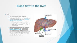 Blood flow to the liver
 TO:
 The liver has two blood supplies
 Oxygenated blood from the heart. Blood
travels from the aorta via the HEPATIC
ARTERY INTO THE LIVER.
 This supplies the oxygen essential for
aerobic respiratory. Hepatocytes are very
active and require energy in the form of
ATP so it is essential there is a good
oxygen supply.
 Deoxygenated blood from the digestive
system. This enters the liver via the
HEPATIC PORTAL VEIN. This blood is
rich in the products of digestion. The
concentration of the various compounds
will be uncontrolled and the blood may
contain toxic compounds that have been
absorbed by the intestine.
5/17/2015 11
 