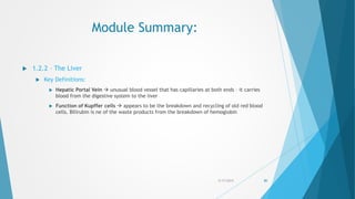 Module Summary:
 1.2.2 – The Liver
 Key Definitions:
 Hepatic Portal Vein  unusual blood vessel that has capillaries at both ends – it carries
blood from the digestive system to the liver
 Function of Kupffer cells  appears to be the breakdown and recycling of old red blood
cells. Bilirubin is ne of the waste products from the breakdown of hemoglobin
5/17/2015 80
 