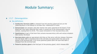 Module Summary:
 1.5.7 – Osmoregulation
 Key definitions:
 Antidiuretic Hormone (ADH) is released from the pituitary gland and acts on the
collecting ducts in the kidneys to increase their reabsorption of water
 Osmoreceptor are receptor cells that monitor the water potential of the blood. IF the
blood has a low water potential then water is moved out of the osmoreceptor cells by
osmosis, causing them to shrink. This causes stimulation of the neurosecretory cells
 Hypothalamus is part of the brain that contains neurosecretory cells and various receptors
that monitor the blood
 Neurosecretory cells are specialized cells that act like nerve cells but release a hormone
into the blood. ADH is manufactured in the cell body and passes down the axon to be
stored in the terminal bulb. If an action potential passes down the axon then ADH is
released from the terminal bulb
 Posterior pituitary gland is the hind part of the pituitary gland, which releases ADH.
5/17/2015 85
 