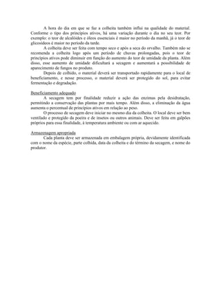 A hora do dia em que se faz a colheita também influi na qualidade do material.
Conforme o tipo dos princípios ativos, há uma variação durante o dia no seu teor. Por
exemplo: o teor de alcalóides e óleos essenciais é maior no período da manhã, já o teor de
glicosídeos é maior no período da tarde.
A colheita deve ser feita com tempo seco e após a seca do orvalho. Também não se
recomenda a colheita logo após um período de chuvas prolongadas, pois o teor de
princípios ativos pode diminuir em função do aumento do teor de umidade da planta. Além
disso, esse aumento de umidade dificultará a secagem e aumentará a possibilidade de
aparecimento de fungos no produto.
Depois de colhido, o material deverá ser transportado rapidamente para o local de
beneficiamento, e nesse processo, o material deverá ser protegido do sol, para evitar
fermentação e degradação.
Beneficiamento adequado
A secagem tem por finalidade reduzir a ação das enzimas pela desidratação,
permitindo a conservação das plantas por mais tempo. Além disso, a eliminação da água
aumenta o percentual de princípios ativos em relação ao peso.
O processo de secagem deve iniciar no mesmo dia da colheita. O local deve ser bem
ventilado e protegido da poeira e de insetos ou outros animais. Deve ser feita em galpões
próprios para essa finalidade, à temperatura ambiente ou com ar aquecido.
Armazenagem apropriada
Cada planta deve ser armazenada em embalagem própria, devidamente identificada
com o nome da espécie, parte colhida, data da colheita e do término da secagem, e nome do
produtor.
 