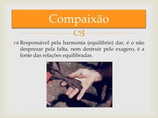 
 Responsável pela harmonia (equilíbrio) dar, é o não
desprezar pela falta, nem destruir pelo exagero, é a
fonte das relações equilibradas.
Compaixão
 
