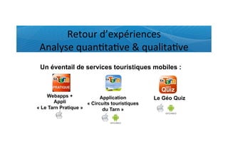 Retour	
  d’expériences	
  	
  
 Analyse	
  quan)ta)ve	
  &	
  qualita)ve	
  
 Un éventail de services touristiques mobiles :



    Webapps +              Application         Le Géo Quiz
       Appli         « Circuits touristiques
« Le Tarn Pratique »        du Tarn »
 
