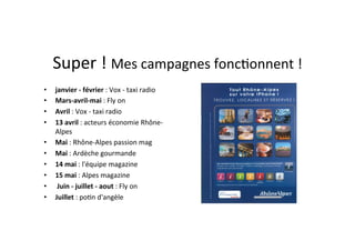 Super	
  !	
  Mes	
  campagnes	
  fonc)onnent	
  !	
  
•    janvier	
  -­‐	
  février	
  :	
  Vox	
  -­‐	
  taxi	
  radio	
  
•    Mars-­‐avril-­‐mai	
  :	
  Fly	
  on	
  
•    Avril	
  :	
  Vox	
  -­‐	
  taxi	
  radio	
  
•    13	
  avril	
  :	
  acteurs	
  économie	
  Rhône-­‐
     Alpes	
  
•    Mai	
  :	
  Rhône-­‐Alpes	
  passion	
  mag	
  
•    Mai	
  :	
  Ardèche	
  gourmande	
  
•    14	
  mai	
  :	
  l'équipe	
  magazine	
  
•    15	
  mai	
  :	
  Alpes	
  magazine	
  
•    	
  Juin	
  -­‐	
  juillet	
  -­‐	
  aout	
  :	
  Fly	
  on	
  
•    Juillet	
  :	
  po)n	
  d'angèle	
  
 