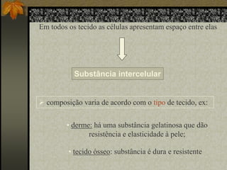 Em todos os tecido as células apresentam espaço entre elas

Substância intercelular

 composição varia de acordo com o tipo de tecido, ex:
• derme: há uma substância gelatinosa que dão
resistência e elasticidade à pele;
• tecido ósseo: substância é dura e resistente

 