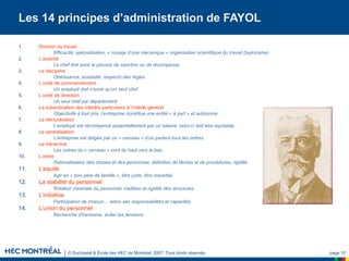© Duchastel & École des HEC de Montréal, 2007. Tous droits réservés. page 10
Les 14 principes d’administration de FAYOL
1. Division du travail
Efficacité, spécialisation, « rouage d’une mécanique » organisation scientifique du travail (taylorisme)
2. L’autorité
Le chef doit avoir le pouvoir de sanction ou de récompense
3. La discipline
Obéissance, assiduité, respects des règles
4. L’unité de commandement
Un employé doit n’avoir qu’un seul chef
5. L’unité de direction
Un seul chef par département
6. La subordination des intérêts particuliers à l’intérêt général
Objectivité à tout prix, l’entreprise constitue une entité « à part » et autonome
7. La rémunération
L’employé est récompensé essentiellement par un salaire, celui-ci doit être équitable.
8. La centralisation
L’entreprise est dirigée par un « cerveau » d’où partent tous les ordres
9. La hiérarchie
Les ordres du « cerveau » vont du haut vers le bas.
10. L’ordre
Rationalisation des choses et des personnes, définition de tâches et de procédures, rigidité
11. L’équité
Agir en « bon père de famille », être juste, être impartial.
12. La stabilité du personnel
Rotation minimale du personnel, tradition et rigidité des structures
13. L’initiative
Participation de chacun… selon ses responsabilités et capacités
14. L’union du personnel
Recherche d’harmonie, éviter les tensions
 