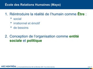© Duchastel & École des HEC de Montréal, 2007. Tous droits réservés. page 13
École des Relations Humaines (Mayo)
1. Réintroduire la réalité de l’humain comme Être :
 social
 irrationnel et émotif
 de besoins
2. Conception de l’organisation comme entité
sociale et politique
 