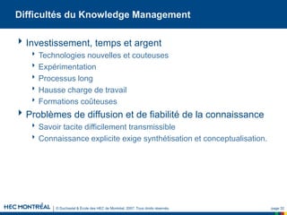 © Duchastel & École des HEC de Montréal, 2007. Tous droits réservés. page 32
Difficultés du Knowledge Management
Investissement, temps et argent
Technologies nouvelles et couteuses
Expérimentation
Processus long
Hausse charge de travail
Formations coûteuses
Problèmes de diffusion et de fiabilité de la connaissance
Savoir tacite difficilement transmissible
Connaissance explicite exige synthétisation et conceptualisation.
 