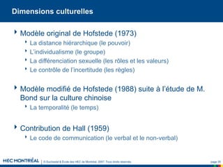 © Duchastel & École des HEC de Montréal, 2007. Tous droits réservés. page 35
Dimensions culturelles
Modèle original de Hofstede (1973)
La distance hiérarchique (le pouvoir)
L’individualisme (le groupe)
La différenciation sexuelle (les rôles et les valeurs)
Le contrôle de l’incertitude (les règles)
Modèle modifié de Hofstede (1988) suite à l’étude de M.
Bond sur la culture chinoise
La temporalité (le temps)
Contribution de Hall (1959)
Le code de communication (le verbal et le non-verbal)
 