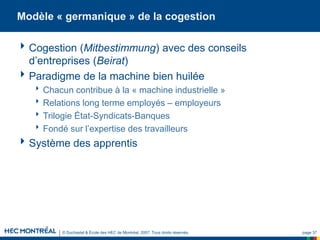 © Duchastel & École des HEC de Montréal, 2007. Tous droits réservés. page 37
Modèle « germanique » de la cogestion
Cogestion (Mitbestimmung) avec des conseils
d’entreprises (Beirat)
Paradigme de la machine bien huilée
Chacun contribue à la « machine industrielle »
Relations long terme employés – employeurs
Trilogie État-Syndicats-Banques
Fondé sur l’expertise des travailleurs
Système des apprentis
 