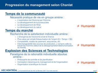 © Duchastel & École des HEC de Montréal, 2007. Tous droits réservés. page 6
Progression du management selon Chanlat
Temps de la communauté
Nécessité pratique de vie en groupe amène :
– L’exploitation de l’Homme par l’Homme
– Le développement de la bureaucratie
– Le développement de l’État
– Le développement du calcul
Temps du marché
Recherche de la satisfaction individuelle amène :
– L’émergence de l’économie et de la finance
– Plus-value par simple thésaurisation de l’argent ($ + Temps = $$)
– Comptabilité, modes de paiement, assurances, etc.
– Interchangeabilité des sources de production, y compris celle du
travail de l’homme (début de la désappropriation/déshumanisation
du travail)
Explosion des Sciences et Technologies
Paradigme de la rationalité individuelle absolue
amène :
– Philosophie de contrôle et de planification
– Conception mécanique du management et de l’organisation
– Organisation scientifique du travail
≠ Humanité
≠ Humanité
≠ Humanité
 