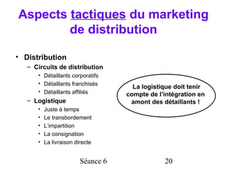 Aspects tactiques du marketing
        de distribution

• Distribution
   – Circuits de distribution
      • Détaillants corporatifs
      • Détaillants franchisés
                                      La logistique doit tenir
      • Détaillants affiliés        compte de l’intégration en
   – Logistique                      amont des détaillants !
      •   Juste à temps
      •   Le transbordement
      •   L’impartition
      •   La consignation
      •   La livraison directe


                         Séance 6               20
 