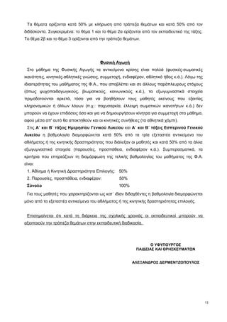 Τα θέματα ορίζονται κατά 50% με κλήρωση από τράπεζα θεμάτων και κατά 50% από τον 
διδάσκοντα. Συγκεκριμένα: το θέμα 1 και το θέμα 2α ορίζονται από τον εκπαιδευτικό της τάξης. 
Το θέμα 2β και το θέμα 3 ορίζονται από την τράπεζα θεμάτων. 
Φυσική Αγωγή 
Στο μάθημα της Φυσικής Αγωγής τα αντικείμενα κρίσης είναι πολλά (φυσικές-σωματικές 
ικανότητες, κινητικές-αθλητικές γνώσεις, συμμετοχή, ενδιαφέρον, αθλητικό ήθος κ.ά.). Λόγω της 
ιδιαιτερότητας του μαθήματος της Φ.Α., που αποβλέπει και σε άλλους παράπλευρους στόχους 
(όπως ψυχοπαιδαγωγικούς, βιωματικούς, κοινωνικούς κ.ά.), τα εξωγυμναστικά στοιχεία 
πριμοδοτούνται αρκετά, τόσο για να βοηθήσουν τους μαθητές εκείνους που εξαιτίας 
κληρονομικών ή άλλων λόγων (π.χ.: παχυσαρκία, έλλειψη σωματικών ικανοτήτων κ.ά.) δεν 
μπορούν να έχουν επιδόσεις όσο και για να δημιουργήσουν κίνητρα για συμμετοχή στο μάθημα, 
αφού μέσα απ' αυτό θα αποκτηθούν και οι κινητικές συνήθειες (τα αθλητικά χόμπι). 
Στις Α΄ και Β΄ τάξεις Ημερησίου Γενικού Λυκείου και Α΄ και Β΄ τάξεις Εσπερινού Γενικού 
Λυκείου η βαθμολογία διαμορφώνεται κατά 50% από τα τρία εξεταστέα αντικείμενα του 
αθλήματος ή της κινητικής δραστηριότητας που διάλεξαν οι μαθητές και κατά 50% από τα άλλα 
εξωγυμναστικά στοιχεία (παρουσίες, προσπάθεια, ενδιαφέρον κ.ά.). Συμπερασματικά, τα 
κριτήρια που επηρεάζουν τη διαμόρφωση της τελικής βαθμολογίας του μαθήματος της Φ.Α. 
είναι: 
1. Άθλημα ή Κινητική Δραστηριότητα Επιλογής: 50% 
2. Παρουσίες, προσπάθεια, ενδιαφέρον: 50% 
Σύνολο 100% 
Για τους μαθητές που χαρακτηρίζονται ως κατ΄ ιδίαν διδαχθέντες η βαθμολογία διαμορφώνεται 
μόνο από τα εξεταστέα αντικείμενα του αθλήματος ή της κινητικής δραστηριότητας επιλογής. 
Επισημαίνεται ότι κατά τη διάρκεια της σχολικής χρονιάς οι εκπαιδευτικοί μπορούν να 
αξιοποιούν την τράπεζα θεμάτων στην εκπαιδευτική διαδικασία. 
13 
Ο ΥΦΥΠΟΥΡΓΟΣ 
ΠΑΙΔΕΙΑΣ ΚΑΙ ΘΡΗΣΚΕΥΜΑΤΩΝ 
ΑΛΕΞΑΝΔΡΟΣ ΔΕΡΜΕΝΤΖΟΠΟΥΛΟΣ 
 