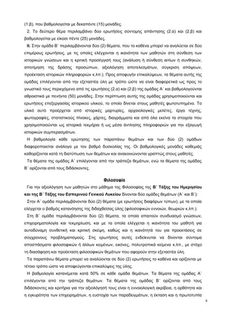 (1.β), που βαθμολογείται με δεκαπέντε (15) μονάδες. 
2. Το δεύτερο θέμα περιλαμβάνει δύο ερωτήσεις σύντομης απάντησης (2.α) και (2.β) και 
βαθμολογείται με είκοσι πέντε (25) μονάδες. 
ΙΙ. Στην ομάδα Β΄ περιλαμβάνονται δύο (2) θέματα, που το καθένα μπορεί να αναλύεται σε δύο 
επιμέρους ερωτήσεις, με τις οποίες ελέγχονται η ικανότητα των μαθητών στη σύνθεση των 
ιστορικών γνώσεων και η κριτική προσέγγισή τους (ανάλυση ή σύνθεση αιτίων ή συνθηκών, 
αποτίμηση της δράσης προσώπων, αξιολόγηση αποτελεσμάτων, σύγκριση απόψεων, 
προέκταση ιστορικών πληροφοριών κ.λπ.). Προς αποφυγήν επικαλύψεων, τα θέματα αυτής της 
ομάδας επιλέγονται από την εξεταστέα ύλη με τρόπο ώστε να είναι διαφορετικά ως προς το 
γνωστικό τους περιεχόμενο από τις ερωτήσεις (2.α) και (2.β) της ομάδας Α΄ και βαθμολογούνται 
αθροιστικά με πενήντα (50) μονάδες. Στην περίπτωση αυτής της ομάδας χρησιμοποιούνται και 
ερωτήσεις επεξεργασίας ιστορικού υλικού, το οποίο δίνεται στους μαθητές φωτοτυπημένο. Το 
υλικό αυτό προέρχεται από ιστορικές μαρτυρίες, αρχαιολογικές μελέτες, έργα τέχνης, 
φωτογραφίες, στατιστικούς πίνακες, χάρτες, διαγράμματα και από όλα εκείνα τα στοιχεία που 
χρησιμοποιούνται ως ιστορικά τεκμήρια ή ως μέσα άντλησης πληροφοριών για την εξαγωγή 
ιστορικών συμπερασμάτων. 
Η βαθμολογία κάθε ερώτησης των παραπάνω θεμάτων και των δύο (2) ομάδων 
διαφοροποιείται ανάλογα με τον βαθμό δυσκολίας της. Οι βαθμολογικές μονάδες καθεμιάς 
καθορίζονται κατά τη διατύπωση των θεμάτων και ανακοινώνονται γραπτώς στους μαθητές. 
Τα θέματα της ομάδας Α΄ επιλέγονται από την τράπεζα θεμάτων, ενώ τα θέματα της ομάδας 
Β΄ ορίζονται από τους διδάσκοντες. 
Φιλοσοφία 
Για την αξιολόγηση των μαθητών στο μάθημα της Φιλοσοφίας της Β΄ Τάξης του Ημερησίου 
και της Β΄ Τάξης του Εσπερινού Γενικού Λυκείου δίνονται δύο ομάδες θεμάτων (A΄ και Β΄): 
Στην Α΄ ομάδα περιλαμβάνονται δύο (2) θέματα (με ερωτήσεις διαφόρων τύπων), με τα οποία 
ελέγχεται ο βαθμός κατανόησης της διδαχθείσας ύλης (φιλοσοφικών εννοιών, θεωριών κ.λπ.). 
Στη Β΄ ομάδα περιλαμβάνονται δύο (2) θέματα, τα οποία απαιτούν συνδυασμό γνώσεων, 
επιχειρηματολογία και τεκμηρίωση, και με τα οποία ελέγχεται η ικανότητα του μαθητή για 
αυτοδύναμη συνθετική και κριτική σκέψη, καθώς και η ικανότητά του για προεκτάσεις σε 
σύγχρονους προβληματισμούς. Στις ερωτήσεις αυτές ενδείκνυται να δίνονται σύντομα 
αποσπάσματα φιλοσοφικών ή άλλων κειμένων, εικόνες, πολυτροπικά κείμενα κ.λπ., με στόχο 
τη διασάφηση και προέκταση φιλοσοφικών θεμάτων που αφορούν στην εξεταστέα ύλη. 
Τα παραπάνω θέματα μπορεί να αναλύονται σε δύο (2) ερωτήσεις το καθένα και ορίζονται με 
τέτοιο τρόπο ώστε να αποφεύγονται επικαλύψεις της ύλης. 
Η βαθμολογία κατανέμεται κατά 50% σε κάθε ομάδα θεμάτων. Τα θέματα της ομάδας Α΄ 
επιλέγονται από την τράπεζα θεμάτων. Τα θέματα της ομάδας Β΄ ορίζονται από τους 
διδάσκοντες και κριτήρια για την αξιολόγησή τους είναι η εννοιολογική ακρίβεια, η ορθότητα και 
η εγκυρότητα των επιχειρημάτων, η ευστοχία των παραδειγμάτων, η έκταση και η πρωτοτυπία 
6 
 