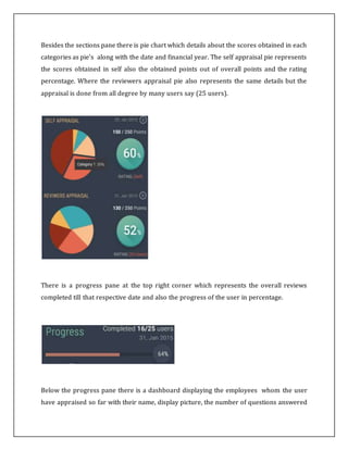 Besides the sections pane there is pie chart which details about the scores obtained in each
categories as pie's along with the date and financial year. The self appraisal pie represents
the scores obtained in self also the obtained points out of overall points and the rating
percentage. Where the reviewers appraisal pie also represents the same details but the
appraisal is done from all degree by many users say (25 users).
There is a progress pane at the top right corner which represents the overall reviews
completed till that respective date and also the progress of the user in percentage.
Below the progress pane there is a dashboard displaying the employees whom the user
have appraised so far with their name, display picture, the number of questions answered
 