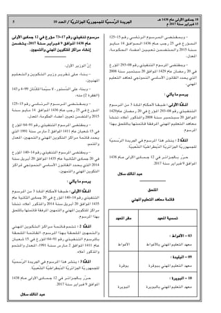 5 10 ‫اﻟﻌﺪد‬ / ‫ﺔ‬
‫اﻟﻌﺪد‬ / ‫ّﺔ‬‫ﻳ‬‫اﳉﺰاﺋﺮ‬ ‫ﺔ‬
‫اﳉﺰاﺋﺮﻳ‬ ‫ّﺔ‬‫ﻳ‬‫ﻟﻠﺠﻤﻬﻮر‬ ‫ﺔ‬
‫ﻟﻠﺠﻤﻬﻮرﻳ‬ ‫ّﺔ‬‫ﻴ‬‫ﺳﻤ‬
‫ّﺳﻤﻴ‬‫ﺮ‬‫اﻟ‬ ‫اﳉﺮﻳﺪة‬
‫اﻟﺮ‬ ‫اﳉﺮﻳﺪة‬
‫ﻫـ‬
‫ﻫـ‬ 1438 ‫ﻋﺎم‬ ‫اﻷوﻟﻰ‬ ‫ﺟﻤﺎدى‬
‫ﻋﺎم‬ ‫اﻷوﻟﻰ‬ ‫ﺟﻤﺎدى‬ 18
‫م‬
‫م‬ 2017 ‫ﺳﻨﺔ‬
‫ﺳﻨﺔ‬ ‫ﻓﺒﺮاﻳﺮ‬
‫ﻓﺒﺮاﻳﺮ‬ 15
125-15 ‫رﻗـﻢ‬ ‫اﻟـﺮﺋـﺎﺳـﻲ‬ ‫ـﺮﺳـﻮم‬‫ـ‬‫اﻟـﻤ‬ ‫ـﺘـﻀـﻰ‬‫ـ‬‫وﺑـﻤـﻘ‬ -
‫ـﻮ‬‫ـ‬‫ـ‬‫ـﺎﻳ‬‫ـ‬‫ـ‬‫ـ‬‫ﻣ‬ 14 ‫ـﻮاﻓـﻖ‬‫ـ‬‫ـ‬‫ـﻤ‬‫ـ‬‫ـ‬‫ـ‬‫اﻟ‬ 1436 ‫ـﺎم‬‫ـ‬‫ـ‬‫ﻋ‬ ‫رﺟـﺐ‬ 25 ‫ﻓـﻲ‬ ‫ـﺆرخ‬‫ـ‬‫ـ‬‫ـﻤ‬‫ـ‬‫ـ‬‫ـ‬‫اﻟ‬
r‫ـﻮﻣـﺔ‬‫ـ‬‫ـﺤـﻜ‬‫ـ‬‫اﻟ‬ ‫ـﻀـﺎء‬‫ـ‬‫أﻋ‬ ‫ـﻴـﻴـﻦ‬‫ـ‬‫ﺗـﻌ‬ ‫ـﻤـﻦ‬‫ـ‬‫ـﺘـﻀ‬‫ـ‬‫واﻟـﻤ‬ 2015 ‫ـﻨـﺔ‬‫ـ‬‫ﺳ‬
r‫ﻌﺪل‬H‫ا‬
‫ﺆرخ‬H‫ا‬ 293-08 ‫رﻗﻢ‬ ‫ـﻔﻴﺬي‬‫ﻨ‬‫ـﺘ‬‫ﻟ‬‫ا‬ ‫ﺮﺳﻮم‬H‫ا‬ ‫ـﻀﻰ‬‫ﺘ‬‫ـﻘ‬•‫و‬ -
2008 ‫ـﻨﺔ‬‫ﺳ‬ ‫ـﺮ‬‫ﺒ‬‫ـ‬‫ﻤ‬‫ـﺘ‬‫ﺒ‬‫ـ‬‫ﺳ‬ 20 ‫ـﻮاﻓﻖ‬H‫ا‬ 1429 ‫ﻋﺎم‬ ‫ـﺎن‬‫ﻀ‬‫ـ‬‫ﻣ‬‫ر‬ 20 ‫ﻓﻲ‬
‫ـﻠﻴﻢ‬‫ﻌ‬‫ـ‬‫ﺘ‬‫اﻟ‬ ‫ـﺪ‬‫ﻫ‬‫ـﺎ‬‫ﻌ‬‫ـ‬H ‫ـﻤﻮذﺟﻲ‬‫ﻨ‬‫ـ‬‫ﻟ‬‫ا‬ ‫ـﺎﺳﻲ‬‫ﺳ‬‫اﻷ‬ ‫ـﺎﻧﻮن‬‫ﻘ‬‫ـ‬‫ﻟ‬‫ا‬ ‫ـﺪد‬‫ﺤ‬‫ﻳ‬ ‫ـﺬي‬‫ﻟ‬‫ا‬
r‫ﻬﻨﻲ‬H‫ا‬
: ‫ﻳﺄﺗﻲ‬ ‫ﻣﺎ‬ ‫ﻳﺮﺳﻢ‬
: ‫ﻳﺄﺗﻲ‬ ‫ﻣﺎ‬ ‫ﻳﺮﺳﻢ‬
‫ـﻮم‬‫ـ‬‫ـ‬‫ﺳ‬‫ـﺮ‬‫ـ‬‫ـ‬H‫ا‬ ‫ﻣﻦ‬ 3 ‫ـﺎدة‬‫ـ‬‫ـ‬H‫ا‬ ‫ـﺎم‬‫ـ‬‫ـ‬‫ﻜ‬‫ـ‬‫ـ‬‫ـ‬‫ﺣ‬‫ﻷ‬ ‫ـﺎ‬‫ـ‬‫ـ‬‫ـ‬‫ﻘ‬‫ـ‬‫ـ‬‫ـ‬‫ﺒ‬‫ـ‬‫ـ‬‫ـ‬‫ﻃ‬ : ‫اﻷوﻟﻰ‬ ‫ة‬
: ‫اﻷوﻟﻰ‬ ‫ّة‬‫د‬‫ـﺎ‬‫ـ‬‫ـ‬‫ـ‬H‫ا‬
‫ـﺎد‬‫ـ‬‫ـ‬‫ـ‬H‫ا‬
1429‫ـﺎم‬‫ﻋ‬ ‫ـﺎن‬‫ـ‬‫ﻀ‬‫ـ‬‫ـ‬‫ﻣ‬‫ر‬ 20 ‫ﻓﻲ‬ ‫ـﺆرخ‬‫ـ‬H‫ا‬ 293-08 ‫رﻗﻢ‬ ‫ـﺬي‬‫ـ‬‫ﻴ‬‫ـ‬‫ـ‬‫ﻔ‬‫ـ‬‫ﻨ‬‫ـ‬‫ـ‬‫ﺘ‬‫ـ‬‫ـ‬‫ﻟ‬‫ا‬
‫ـﺄ‬‫ـ‬‫ﺸ‬‫ـ‬‫ـ‬‫ﻨ‬‫ـ‬‫ـ‬‫ﺗ‬ r‫أﻋﻼه‬ ‫ـﻮر‬‫ـ‬‫ﻛ‬‫ـﺬ‬‫ـ‬‫ـ‬H‫وا‬ 2008 ‫ـﺔ‬‫ـ‬‫ﻨ‬‫ـ‬‫ـ‬‫ﺳ‬ ‫ـﺮ‬‫ـ‬‫ﺒ‬‫ـ‬‫ـ‬‫ﻤ‬‫ـ‬‫ـ‬‫ﺘ‬‫ـ‬‫ـ‬‫ـ‬‫ﺒ‬‫ـ‬‫ـ‬‫ﺳ‬ 20 ‫ـﻮاﻓﻖ‬‫ـ‬H‫ا‬
‫ـﺬا‬‫ﻬ‬‫ـ‬‫ـ‬‫ﺑ‬ ‫ـﺤﻖ‬‫ـ‬‫ﻠ‬‫ـ‬H‫ـﺎ‬‫ـ‬‫ﺑ‬ ‫ـﺎ‬‫ﻬ‬‫ـ‬‫ـ‬‫ﺘ‬‫ـ‬‫ـ‬‫ﻤ‬‫ـ‬‫ﺋ‬‫ـﺎ‬‫ـ‬‫ﻗ‬ ‫ـﺔ‬‫ـ‬‫ﻘ‬‫ـ‬‫ﻓ‬‫ـﺮ‬‫ـ‬H‫ا‬ ‫ـﻨﻲ‬‫ـ‬‫ﻬ‬‫ـ‬H‫ا‬ ‫ـﻴﻢ‬‫ـ‬‫ﻠ‬‫ـ‬‫ـ‬‫ﻌ‬‫ـ‬‫ﺘ‬‫ـ‬‫ـ‬‫ﻟ‬‫ا‬ ‫ـﺪ‬‫ﻫ‬‫ـﺎ‬‫ـ‬‫ﻌ‬‫ـ‬‫ـ‬‫ﻣ‬
.‫ﺮﺳﻮم‬H‫ا‬
‫ّﺔ‬‫ﻴ‬‫ـ‬‫ﻤ‬‫ـ‬‫ﺳ‬ّ‫ﺮ‬‫ـ‬‫ﻟ‬‫ا‬ ‫ـﺪة‬‫ﻳ‬‫اﳉﺮ‬ ‫ﻓﻲ‬ ‫ـﻮم‬‫ﺳ‬‫ـﺮ‬H‫ا‬ ‫ـﺬا‬‫ﻫ‬ ‫ـﺮ‬‫ﺸ‬‫ـﻨ‬‫ﻳ‬ :
: 2 ‫ة‬
‫ّة‬‫د‬‫ـﺎ‬H‫ا‬
‫ـﺎد‬H‫ا‬
.‫ّﺔ‬‫ﻴ‬‫ّﻌﺒ‬‫ﺸ‬‫اﻟ‬ ‫ّﺔ‬‫ﻴ‬‫ّ–ﻘﺮاﻃ‬‫ﺪ‬‫اﻟ‬ ‫ّﺔ‬‫ﻳ‬‫اﳉﺰاﺋﺮ‬ ‫ّﺔ‬‫ﻳ‬‫ﻟﻠﺠﻤﻬﻮر‬
1438 ‫ـﺎم‬‫ـ‬‫ـ‬‫ـ‬‫ـ‬‫ﻋ‬ ‫اﻷوﻟﻰ‬ ‫ـﺎدى‬‫ـ‬‫ـ‬‫ـ‬‫ـ‬‫ـ‬‫ﻤ‬‫ـ‬‫ـ‬‫ـ‬‫ـ‬‫ـ‬‫ﺟ‬ 12 ‫ﻓﻲ‬ ‫ـﺮ‬‫ـ‬‫ـ‬‫ـ‬‫ـ‬‫ﺋ‬‫ـﺰا‬‫ـ‬‫ـ‬‫ـ‬‫ـ‬‫ﳉ‬‫ـﺎ‬‫ـ‬‫ـ‬‫ـ‬‫ـ‬‫ﺑ‬ ‫ّر‬‫ﺮ‬‫ـ‬‫ـ‬‫ـ‬‫ـ‬‫ـ‬‫ﺣ‬
.2017 ‫ﺳﻨﺔ‬ ‫ﻓﺒﺮاﻳﺮ‬ 9 ‫ﻮاﻓﻖ‬H‫ا‬
‫ﺳﻼل‬ ‫ﺎﻟﻚ‬H‫ا‬ ‫ﻋﺒﺪ‬
‫ﺳﻼل‬ ‫ﺎﻟﻚ‬H‫ا‬ ‫ﻋﺒﺪ‬
‫ـــــــــــــــــــــــــــــــــ‬
‫ﻠﺤﻖ‬H‫ا‬
‫ﻠﺤﻖ‬H‫ا‬
‫ﻬﻨﻲ‬H‫ا‬ ‫اﻟﺘﻌﻠﻴﻢ‬ ‫ﻣﻌﺎﻫﺪ‬ ‫ﻗﺎﺋﻤﺔ‬
‫ﻬﻨﻲ‬H‫ا‬ ‫اﻟﺘﻌﻠﻴﻢ‬ ‫ﻣﻌﺎﻫﺪ‬ ‫ﻗﺎﺋﻤﺔ‬
‫ﻌﻬﺪ‬H‫ا‬ ‫ﺗﺴﻤﻴﺔ‬
‫ﻌﻬﺪ‬H‫ا‬ ‫ﺗﺴﻤﻴﺔ‬
‫ﻌﻬﺪ‬H‫ا‬ ‫ﻣﻘﺮ‬
‫ﻌﻬﺪ‬H‫ا‬ ‫ﻣﻘﺮ‬
: ‫اﻷﻏﻮاط‬ -
: ‫اﻷﻏﻮاط‬ - 03
‫ﺑﺎﻷﻏﻮاط‬ ‫ﻬﻨﻲ‬H‫ا‬ ‫اﻟﺘﻌﻠﻴﻢ‬ ‫ﻣﻌﻬﺪ‬
: ‫اﻟﺒﻠﻴﺪة‬ -
: ‫اﻟﺒﻠﻴﺪة‬ - 09
‫ﺑﺒﻮﻗﺮة‬ ‫ﻬﻨﻲ‬H‫ا‬ ‫اﻟﺘﻌﻠﻴﻢ‬ ‫ﻣﻌﻬﺪ‬
: ‫اﻟﺒﻮﻳﺮة‬ -
: ‫اﻟﺒﻮﻳﺮة‬ - 10
‫ﺑﺎﻟﺒﻮﻳﺮة‬ ‫ﻬﻨﻲ‬H‫ا‬ ‫اﻟﺘﻌﻠﻴﻢ‬ ‫ﻣﻌﻬﺪ‬
‫اﻷﻏﻮاط‬
‫ﺑﻮﻗﺮة‬
‫اﻟﺒﻮﻳﺮة‬
‫اﻷوﻟﻰ‬ ‫ـﻤﺎدى‬‫ﺟ‬
‫اﻷوﻟﻰ‬ ‫ـﻤﺎدى‬‫ﺟ‬ 12 ‫ﻓﻲ‬ ‫ـﺆرخ‬‫ﻣ‬
‫ﻓﻲ‬ ‫ـﺆرخ‬‫ﻣ‬ 73-17 ‫رﻗﻢ‬
‫رﻗﻢ‬ ‫ـﺬي‬‫ﻴ‬‫ـﻔ‬‫ﻨ‬‫ـ‬‫ﺗ‬ ‫ـﻮم‬‫ﺳ‬‫ـﺮ‬‫ﻣ‬
‫ـﺬي‬‫ﻴ‬‫ـﻔ‬‫ﻨ‬‫ـ‬‫ﺗ‬ ‫ـﻮم‬‫ﺳ‬‫ـﺮ‬‫ﻣ‬
‫ـﻤﻦ‬‫ـ‬‫ﻀ‬‫ـ‬‫ـ‬‫ـ‬‫ﺘ‬‫ـ‬‫ـ‬‫ـ‬‫ﻳ‬
‫ـﻤﻦ‬‫ـ‬‫ﻀ‬‫ـ‬‫ـ‬‫ـ‬‫ﺘ‬‫ـ‬‫ـ‬‫ـ‬‫ﻳ‬ r2017 ‫ـﺔ‬‫ـ‬‫ﻨ‬‫ـ‬‫ـ‬‫ـ‬‫ﺳ‬ ‫ـﺮ‬‫ـ‬‫ﻳ‬‫ـﺮا‬‫ـ‬‫ـ‬‫ﺒ‬‫ـ‬‫ـ‬‫ﻓ‬
‫ـﺔ‬‫ـ‬‫ﻨ‬‫ـ‬‫ـ‬‫ـ‬‫ﺳ‬ ‫ـﺮ‬‫ـ‬‫ﻳ‬‫ـﺮا‬‫ـ‬‫ـ‬‫ﺒ‬‫ـ‬‫ـ‬‫ﻓ‬ 9 ‫ـﻮاﻓﻖ‬‫ـ‬H‫ا‬
‫ـﻮاﻓﻖ‬‫ـ‬H‫ا‬ 1438 ‫ـﺎم‬‫ـ‬‫ﻋ‬
‫ـﺎم‬‫ـ‬‫ﻋ‬
.X‫واﻟﺘﻤﻬ‬ ‫ﻬﻨﻲ‬H‫ا‬ ‫ﻟﻠﺘﻜﻮﻳﻦ‬ ‫ﻣﺮاﻛﺰ‬ ‫إﻧﺸﺎء‬
.X‫واﻟﺘﻤﻬ‬ ‫ﻬﻨﻲ‬H‫ا‬ ‫ﻟﻠﺘﻜﻮﻳﻦ‬ ‫ﻣﺮاﻛﺰ‬ ‫إﻧﺸﺎء‬
‫ـــــــــــــــــــــــــــ‬
r‫اﻷول‬ ‫اﻟﻮزﻳﺮ‬ ّ‫ن‬‫إ‬
‫ـﻴﻢ‬‫ـ‬‫ـ‬‫ﻠ‬‫ـ‬‫ـ‬‫ـ‬‫ـ‬‫ﻌ‬‫ـ‬‫ـ‬‫ـ‬‫ـ‬‫ﺘ‬‫ـ‬‫ـ‬‫ـ‬‫ﻟ‬‫وا‬ ‫ـﻦ‬‫ﻳ‬‫ـﻮ‬‫ـ‬‫ـ‬‫ﻜ‬‫ـ‬‫ـ‬‫ـ‬‫ـ‬‫ﺘ‬‫ـ‬‫ـ‬‫ـ‬‫ﻟ‬‫ا‬ ‫ـﺮ‬‫ـ‬‫ـ‬‫ـ‬‫ﻳ‬‫وز‬ ‫ـﺮ‬‫ـ‬‫ـ‬‫ـ‬‫ﻳ‬‫ـﺮ‬‫ـ‬‫ـ‬‫ﻘ‬‫ـ‬‫ـ‬‫ـ‬‫ـ‬‫ﺗ‬ ‫ـﻠﻰ‬‫ـ‬‫ـ‬‫ـ‬‫ﻋ‬ ‫ـﺎء‬‫ـ‬‫ـ‬‫ﻨ‬‫ـ‬‫ـ‬‫ـ‬‫ـ‬‫ﺑ‬ -
rX‫ﻬﻨﻴ‬H‫ا‬
143‫و‬ 4-99 ‫ّﺗﺎن‬‫د‬‫ﺎ‬H‫ا‬ ‫ـﺎ‬‫ﻤ‬ّ‫ﻴ‬‫ﺳ‬ ‫ﻻ‬ r‫ـﻮر‬‫ﺘ‬‫ّﺳ‬‫ﺪ‬‫ـ‬‫ﻟ‬‫ا‬ ‫ﻋﻠﻰ‬ ‫ـﻨﺎء‬‫ﺑ‬‫و‬ -
r‫ﻣﻨﻪ‬ (2 ‫)اﻟﻔﻘﺮة‬
125-15 ‫رﻗﻢ‬ ‫ـﻲ‬‫ﺳ‬‫ـﺎ‬‫ـ‬‫ـ‬‫ـ‬‫ـ‬‫ـ‬‫ـ‬‫ـﺮﺋ‬‫ـ‬‫ـ‬‫ـ‬‫ـ‬‫ـ‬‫ﻟ‬‫ا‬ ‫ـﻮم‬‫ـ‬‫ـ‬‫ـ‬‫ـ‬‫ـ‬‫ـﺮﺳ‬‫ـ‬‫ـ‬‫ـ‬‫ـ‬‫ـ‬H‫ا‬ ‫ـﻰ‬‫ﻀ‬‫ـ‬‫ـ‬‫ـ‬‫ـ‬‫ـ‬‫ـ‬‫ﺘ‬‫ـ‬‫ـ‬‫ـ‬‫ـ‬‫ـ‬‫ـ‬‫ﻘ‬‫ـ‬‫ـ‬‫ـ‬‫ـ‬‫ـ‬‫ـ‬•‫و‬ -
‫ـﺔ‬‫ـ‬‫ـ‬‫ﻨ‬‫ـ‬‫ـ‬‫ـ‬‫ﺳ‬ ‫ـﻮ‬‫ـ‬‫ـ‬‫ـ‬‫ﻳ‬‫ـﺎ‬‫ـ‬‫ـ‬‫ﻣ‬ 14 ‫ـﻮاﻓﻖ‬‫ـ‬‫ـ‬‫ـ‬H‫ا‬ 1436 ‫ـﺎم‬‫ـ‬‫ـ‬‫ﻋ‬ ‫ـﺐ‬‫ﺟ‬‫ر‬ 25 ‫ﻓـﻲ‬ ‫ـﺆرخ‬‫ـ‬‫ـ‬‫ـ‬‫ـ‬H‫ا‬
r‫ﻌﺪل‬H‫ا‬ r‫اﳊﻜﻮﻣﺔ‬ ‫أﻋﻀﺎء‬ X‫ﺗﻌﻴ‬ ‫ﺘﻀﻤﻦ‬H‫وا‬ 2015
‫ـﺆرخ‬H‫ا‬ 64-91 ‫رﻗﻢ‬ ‫ـﺬي‬‫ﻴ‬‫ـ‬‫ﻔ‬‫ـﻨ‬‫ﺘ‬‫ـ‬‫ﻟ‬‫ا‬ ‫ـﻮم‬‫ﺳ‬‫ـﺮ‬H‫ا‬ ‫ـﻀﻰ‬‫ﺘ‬‫ـ‬‫ﻘ‬‫ـ‬•‫و‬ -
‫اﻟﺬي‬ 1991 ‫ﺳﻨﺔ‬ ‫ﻣﺎرس‬ 2 ‫ﻮاﻓﻖ‬H‫ا‬ 1411 ‫ﻋﺎم‬ ‫ـﺒﺎن‬‫ﻌ‬‫ﺷ‬ 15 ‫ﻓﻲ‬
‫ـﺪل‬‫ﻌ‬‫ـ‬H‫ا‬ rX‫ـ‬‫ـ‬‫ﻬ‬‫ـ‬‫ﻤ‬‫ـ‬‫ـ‬‫ﺘ‬‫ـ‬‫ﻟ‬‫وا‬ ‫ـﻨﻲ‬‫ـ‬‫ﻬ‬‫ـ‬H‫ا‬ ‫ـﻮﻳﻦ‬‫ـ‬‫ﻜ‬‫ـ‬‫ﺘ‬‫ـ‬‫ـ‬‫ﻟ‬‫ا‬ ‫ـﺰ‬‫ﻛ‬‫ـﺮا‬‫ـ‬‫ﻣ‬ ‫ـﺔ‬‫ﻤ‬‫ـ‬‫ـ‬‫ﺋ‬‫ـﺎ‬‫ﻗ‬ ‫ـﺪد‬‫ـ‬‫ﺤ‬‫ـ‬‫ﻳ‬
r‫ﺘﻤﻢ‬H‫وا‬
‫ﺆرخ‬H‫ا‬ 140-14 ‫رﻗﻢ‬ ‫ـﻔﻴﺬي‬‫ﻨ‬‫ـﺘ‬‫ﻟ‬‫ا‬ ‫ﺮﺳﻮم‬H‫ا‬ ‫ـﻀﻰ‬‫ﺘ‬‫ـﻘ‬•‫و‬ -
‫ـﺔ‬‫ﻨ‬‫ـ‬‫ﺳ‬ ‫ـﺮﻳﻞ‬‫ـ‬‫ﺑ‬‫أ‬ 20 ‫ـﻮاﻓﻖ‬H‫ا‬ 1435 ‫ـﺎم‬‫ﻋ‬ ‫ـﺔ‬‫ﻴ‬‫ـ‬‫ـ‬‫ﻧ‬‫ـﺎ‬‫ﺜ‬‫ـ‬‫ﻟ‬‫ا‬ ‫ـﺎدى‬‫ـ‬‫ﻤ‬‫ـ‬‫ﺟ‬ 20 ‫ﻓﻲ‬
‫ـﺰ‬‫ـ‬‫ﻛ‬‫ـﺮا‬‫ـ‬H ‫ـﻮذﺟﻲ‬‫ـ‬‫ﻤ‬‫ـ‬‫ـ‬‫ﻨ‬‫ـ‬‫ـ‬‫ـ‬‫ﻟ‬‫ا‬ ‫ـﺎﺳﻲ‬‫ـ‬‫ﺳ‬‫اﻷ‬ ‫ـﻮن‬‫ـ‬‫ﻧ‬‫ـﺎ‬‫ـ‬‫ﻘ‬‫ـ‬‫ـ‬‫ﻟ‬‫ا‬ ‫ـﺪد‬‫ـ‬‫ـ‬‫ﺤ‬‫ـ‬‫ـ‬‫ﻳ‬ ‫ـﺬي‬‫ـ‬‫ﻟ‬‫ا‬ 2014
rX‫واﻟﺘﻤﻬ‬ ‫ﻬﻨﻲ‬H‫ا‬ ‫اﻟﺘﻜﻮﻳﻦ‬
: ‫ﻳﺄﺗﻲ‬ ‫ﻣﺎ‬ ‫ﻳﺮﺳﻢ‬
: ‫ﻳﺄﺗﻲ‬ ‫ﻣﺎ‬ ‫ﻳﺮﺳﻢ‬
‫ـﻮم‬‫ـ‬‫ـ‬‫ﺳ‬‫ـﺮ‬‫ـ‬‫ـ‬H‫ا‬ ‫ﻣﻦ‬ 3 ‫ـﺎدة‬‫ـ‬‫ـ‬H‫ا‬ ‫ـﺎم‬‫ـ‬‫ـ‬‫ﻜ‬‫ـ‬‫ـ‬‫ـ‬‫ﺣ‬‫ﻷ‬ ‫ـﺎ‬‫ـ‬‫ـ‬‫ـ‬‫ﻘ‬‫ـ‬‫ـ‬‫ـ‬‫ﺒ‬‫ـ‬‫ـ‬‫ـ‬‫ﻃ‬ : ‫اﻷوﻟﻰ‬ ‫ة‬
: ‫اﻷوﻟﻰ‬ ‫ّة‬‫د‬‫ـﺎ‬‫ـ‬‫ـ‬‫ـ‬H‫ا‬
‫ـﺎد‬‫ـ‬‫ـ‬‫ـ‬H‫ا‬
‫ﻋﺎم‬ ‫ـﻴﺔ‬‫ﻧ‬‫اﻟﺜﺎ‬ ‫ـﺎدى‬‫ﻤ‬‫ﺟ‬ 20 ‫ﻓﻲ‬ ‫ﺆرخ‬H‫ا‬ 140-14 ‫رﻗﻢ‬ ‫ـﻴﺬي‬‫ﻔ‬‫ـﻨ‬‫ﺘ‬‫اﻟ‬
‫ـﺄ‬‫ﺸ‬‫ـ‬‫ﻨ‬‫ـ‬‫ـ‬‫ﺗ‬ r‫أﻋﻼه‬ ‫ـﻮر‬‫ﻛ‬‫ـﺬ‬H‫وا‬ 2014 ‫ـﺔ‬‫ﻨ‬‫ـ‬‫ﺳ‬ ‫ـﺮﻳﻞ‬‫ـ‬‫ﺑ‬‫أ‬ 20 ‫ـﻮاﻓﻖ‬H‫ا‬ 1435
‫ﻠﺤﻖ‬H‫ﺑﺎ‬ ‫ﻗﺎﺋﻤﺘﻬﺎ‬ ‫ﺮﻓﻘﺔ‬H‫ا‬ X‫واﻟﺘﻤﻬ‬ ‫ﻬﻨﻲ‬H‫ا‬ ‫ﻟﻠﺘﻜﻮﻳﻦ‬ ‫ﻣﺮاﻛﺰ‬
.‫ﺮﺳﻮم‬H‫ا‬ ‫ﺑﻬﺬا‬
‫ـﻨﻲ‬‫ـ‬‫ـ‬‫ﻬ‬‫ـ‬‫ـ‬‫ـ‬‫ـ‬H‫ا‬ ‫ـﻮﻳﻦ‬‫ـ‬‫ـ‬‫ـ‬‫ﻜ‬‫ـ‬‫ـ‬‫ـ‬‫ﺘ‬‫ـ‬‫ـ‬‫ـ‬‫ـ‬‫ﻟ‬‫ا‬ ‫ـﺰ‬‫ـ‬‫ـ‬‫ﻛ‬‫ـﺮا‬‫ـ‬‫ـ‬‫ـ‬‫ﻣ‬ ‫ـﺔ‬‫ـ‬‫ـ‬‫ﻤ‬‫ـ‬‫ـ‬‫ـ‬‫ـ‬‫ﺋ‬‫ـﺎ‬‫ـ‬‫ـ‬‫ﻗ‬ ‫ـﻢ‬‫ﻤ‬‫ـ‬‫ـ‬‫ـ‬‫ﺘ‬‫ـ‬‫ـ‬‫ـ‬‫ـ‬‫ﺗ‬ :
: 2 ‫ة‬
‫ّة‬‫د‬‫ـﺎ‬‫ـ‬H‫ا‬
‫ـﺎد‬‫ـ‬H‫ا‬
‫ـﺔ‬‫ـ‬‫ﻘ‬‫ـ‬‫ـ‬‫ـ‬‫ﺤ‬‫ـ‬‫ـ‬‫ـ‬‫ﻠ‬‫ـ‬‫ـ‬H‫ا‬ ‫ـﺔ‬‫ـ‬‫ـ‬‫ﻤ‬‫ـ‬‫ـ‬‫ـ‬‫ﺋ‬‫ـﺎ‬‫ـ‬‫ـ‬‫ﻘ‬‫ـ‬‫ـ‬‫ﻟ‬‫ا‬ r‫ـﻮم‬‫ـ‬‫ـ‬‫ﺳ‬‫ـﺮ‬‫ـ‬‫ـ‬H‫ا‬ ‫ـﺬا‬‫ـ‬‫ﻬ‬‫ـ‬‫ـ‬‫ـ‬‫ﺑ‬ ‫ـﺔ‬‫ـ‬‫ـ‬‫ﻘ‬‫ـ‬‫ـ‬‫ـ‬‫ﺤ‬‫ـ‬‫ـ‬‫ﻠ‬‫ـ‬‫ـ‬‫ـ‬H‫ا‬ X‫ـ‬‫ـ‬‫ـ‬‫ﻬ‬‫ـ‬‫ـ‬‫ﻤ‬‫ـ‬‫ـ‬‫ـ‬‫ﺘ‬‫ـ‬‫ـ‬‫ـ‬‫ﻟ‬‫وا‬
‫ـﺎن‬‫ﺒ‬‫ـ‬‫ـ‬‫ﻌ‬‫ـ‬‫ـ‬‫ﺷ‬ 15 ‫ﻓﻲ‬ ‫ـﺆرخ‬H‫ا‬ 64-91 ‫رﻗﻢ‬ ‫ـﺬي‬‫ـ‬‫ـﻴ‬‫ـ‬‫ﻔ‬‫ـ‬‫ـ‬‫ﻨ‬‫ـ‬‫ـ‬‫ﺘ‬‫ـ‬‫ﻟ‬‫ا‬ ‫ـﻮم‬‫ـ‬‫ﺳ‬‫ـﺮ‬‫ـ‬H‫ـﺎ‬‫ﺑ‬
‫ـﻤﻢ‬‫ـ‬‫ـ‬‫ﺘ‬‫ـ‬‫ـ‬‫ـ‬H‫وا‬ ‫ـﺪل‬‫ـ‬‫ـ‬‫ﻌ‬‫ـ‬‫ـ‬‫ـ‬H‫ا‬ r1991 ‫ـﺔ‬‫ـ‬‫ـ‬‫ﻨ‬‫ـ‬‫ـ‬‫ـ‬‫ﺳ‬ ‫ـﺎرس‬‫ـ‬‫ـ‬‫ﻣ‬ 2 ‫ـﻮاﻓﻖ‬‫ـ‬H‫ا‬ 1411 ‫ـﺎم‬‫ـ‬‫ﻋ‬
.‫أﻋﻼه‬ ‫ﺬﻛﻮر‬H‫وا‬
‫ّﺔ‬‫ﻴ‬‫ـ‬‫ﻤ‬‫ـ‬‫ﺳ‬ّ‫ﺮ‬‫ـ‬‫ﻟ‬‫ا‬ ‫ـﺪة‬‫ﻳ‬‫اﳉﺮ‬ ‫ﻓﻲ‬ ‫ـﻮم‬‫ﺳ‬‫ـﺮ‬H‫ا‬ ‫ـﺬا‬‫ﻫ‬ ‫ـﺮ‬‫ﺸ‬‫ـﻨ‬‫ﻳ‬ :
: 3 ‫ة‬
‫ّة‬‫د‬‫ـﺎ‬H‫ا‬
‫ـﺎد‬H‫ا‬
.‫ّﺔ‬‫ﻴ‬‫ّﻌﺒ‬‫ﺸ‬‫اﻟ‬ ‫ّﺔ‬‫ﻴ‬‫ّ–ﻘﺮاﻃ‬‫ﺪ‬‫اﻟ‬ ‫ّﺔ‬‫ﻳ‬‫اﳉﺰاﺋﺮ‬ ‫ّﺔ‬‫ﻳ‬‫ﻟﻠﺠﻤﻬﻮر‬
1438 ‫ـﺎم‬‫ـ‬‫ـ‬‫ـ‬‫ـ‬‫ﻋ‬ ‫اﻷوﻟﻰ‬ ‫ـﺎدى‬‫ـ‬‫ـ‬‫ـ‬‫ـ‬‫ـ‬‫ﻤ‬‫ـ‬‫ـ‬‫ـ‬‫ـ‬‫ـ‬‫ﺟ‬ 12 ‫ﻓﻲ‬ ‫ـﺮ‬‫ـ‬‫ـ‬‫ـ‬‫ـ‬‫ﺋ‬‫ـﺰا‬‫ـ‬‫ـ‬‫ـ‬‫ـ‬‫ﳉ‬‫ـﺎ‬‫ـ‬‫ـ‬‫ـ‬‫ـ‬‫ﺑ‬ ‫ّر‬‫ﺮ‬‫ـ‬‫ـ‬‫ـ‬‫ـ‬‫ـ‬‫ﺣ‬
.2017 ‫ﺳﻨﺔ‬ ‫ﻓﺒﺮاﻳﺮ‬ 9 ‫ﻮاﻓﻖ‬H‫ا‬
‫ﺳﻼل‬ ‫ﺎﻟﻚ‬H‫ا‬ ‫ﻋﺒﺪ‬
‫ﺳﻼل‬ ‫ﺎﻟﻚ‬H‫ا‬ ‫ﻋﺒﺪ‬
 