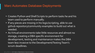 © 2017 Delphix. All Rights Reserved. Private and Confidential.
Marc Automates Database Deployments
• Creates Python and Shell Scripts to perform tasks he and his
team used to perform manually.
• If any pieces are missing in his logic/scripting, able to use
github repository/community examples to build out what is
needed.
• AsVirtual environments take little resources and almost no
storage, creating a DBA specific environment for
development, testing and maintenance makes the DBA
team less invasive to the Development/TestingTeam’s
scrum deadlines.
 