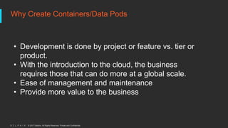 © 2017 Delphix. All Rights Reserved. Private and Confidential.
Why Create Containers/Data Pods
• Development is done by project or feature vs. tier or
product.
• With the introduction to the cloud, the business
requires those that can do more at a global scale.
• Ease of management and maintenance
• Provide more value to the business
 