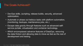 © 2017 Delphix. All Rights Reserved. Private and Confidential.
The Goals Achieved?
• DevOps skills, (scripting, release builds, security, advanced
optimization.
• Automate or phase out tedious tasks with platform automation,
(monitoring, backups, maintenance jobs, etc.)
• Escape data gravity through features such as advanced self-
service portals, virtualization and container technology.
• Which encompasses advance features of DataOps, removing
the data friction and allowing data to move as fast as the rest of
development and testing.
 