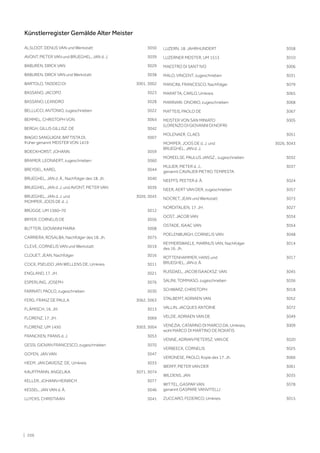 | 206
Künstlerregister Gemälde Alter Meister
ALSLOOT, DENIJS VAN und Werkstatt 3050
AVONT, PIETER VAN und BRUEGHEL, JAN d. J. 3039
BABUREN, DIRCK VAN 3029
BABUREN, DIRCK VAN und Werkstatt 3038
BARTOLO, TADDEO DI 3001, 3002
BASSANO, JACOPO 3023
BASSANO, LEANDRO 3028
BELLUCCI, ANTONIO, zugeschrieben 3022
BEMMEL, CHRISTOPH VON 3064
BERGH, GILLIS GILLISZ. DE 3042
BIAGIO SANGUIGNI, BATTISTA DI,
früher genannt MEISTER VON 1419
3007
BOECKHORST, JOHANN 3059
BRAMER, LEONAERT, zugeschrieben 3060
BREYDEL, KAREL 3044
BRUEGHEL, JAN d. Ä., Nachfolger des 18. Jh. 3040
BRUEGHEL, JAN d. J. und AVONT, PIETER VAN 3039
BRUEGHEL, JAN d. J. und
MOMPER, JOOS DE d. J.
3026, 3043
BRÜGGE, UM 1560–70 3012
BRYER, CORNELIS DE 3056
BUTTERI, GIOVANNI MARIA 3008
CARRIERA, ROSALBA, Nachfolger des 18. Jh. 3075
CLEVE, CORNELIS VAN und Werkstatt 3019
CLOUET, JEAN, Nachfolger 3016
COCK, PSEUDO JAN WELLENS DE, Umkreis 3011
ENGLAND, 17. JH. 3021
ESPERLING, JOSEPH 3076
FARINATI, PAOLO, zugeschrieben 3030
FERG, FRANZ DE PAULA 3062, 3063
FLÄMISCH, 16. JH. 3013
FLORENZ, 17. JH. 3069
FLORENZ, UM 1450 3003, 3004
FRANCKEN, FRANS d. J. 3053
GESSI, GIOVAN FRANCESCO, zugeschrieben 3070
GOYEN, JAN VAN 3047
HEEM, JAN DAVIDSZ. DE, Umkreis 3033
KAUFFMANN, ANGELIKA 3071, 3074
KELLER, JOHANN HEINRICH 3077
KESSEL, JAN VAN d. Ä. 3046
LUYCKS, CHRISTIAAN 3041
LUZERN, 18. JAHRHUNDERT 3058
LUZERNER MEISTER, UM 1513 3010
MAESTRO DI SANT‘IVO 3006
MALO, VINCENT, zugeschrieben 3031
MANCINI, FRANCESCO, Nachfolger 3079
MARATTA, CARLO, Umkreis 3065
MARINARI, ONORIO, zugeschrieben 3068
MATTEIS, PAOLO DE 3067
MEISTER VON SAN MINIATO
(LORENZO DI GIOVANNI DI NOFRI)
3005
MOLENAER, CLAES 3051
MOMPER, JOOS DE d. J. und
BRUEGHEL, JAN d. J.
3026, 3043
MOREELSE, PAULUS JANSZ., zugeschrieben 3032
MULIER, PIETER d. J.,
genannt CAVALIER PIETRO TEMPESTA
3037
NEEFFS, PEETER d. Ä. 3024
NEER, AERT VAN DER, zugeschrieben 3057
NOCRET, JEAN und Werkstatt 3073
NORDITALIEN, 17. JH. 3027
OOST, JACOB VAN 3034
OSTADE, ISAAC VAN 3054
POELENBURGH, CORNELIS VAN 3048
REYMERSWAELE, MARINUS VAN, Nachfolger
des 16. Jh.
3014
ROTTENHAMMER, HANS und
BRUEGHEL, JAN d. Ä.
3017
RUISDAEL, JACOB ISAACKSZ. VAN 3045
SALINI, TOMMASO, zugeschrieben 3036
SCHWARZ, CHRISTOPH 3018
STALBEMT, ADRIAEN VAN 3052
VALLIN, JACQUES ANTOINE 3072
VELDE, ADRIAEN VAN DE 3049
VENEZIA, CATARINO DI MARCO DA, Umkreis,
wohl MARCO DI MARTINO DE ROXATIS
3009
VENNE, ADRIAN PIETERSZ. VAN DE 3020
VERBEECK, CORNELIS 3025
VERONESE, PAOLO, Kopie des 17. Jh. 3066
WERFF, PIETER VAN DER 3061
WILDENS, JAN 3035
WITTEL, GASPAR VAN
genannt GASPARE VANVITELLI
3078
ZUCCARO, FEDERICO, Umkreis 3015
 