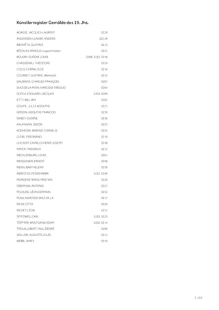 | 207
Künstlerregister Gemälde des 19. Jhs.
AGASSE, JACQUES-LAURENT 3229
ANDERSEN-LUNDBY, ANDERS 3221A
BIENVÊTU, GUSTAVE 3213
BÖCKLIN, ARNOLD, zugeschrieben 3241
BOUDIN, EUGÈNE LOUIS 3208, 3215, 3218
CHASSÉRIAU, THÉODORE 3224
COCQ, CORNELIS DE 3216
COURBET, GUSTAVE, Werkstatt 3233
DAUBIGNY, CHARLES-FRANÇOIS 3207
DIAZ DE LA PEÑA, NARCISSE VIRGILIO 3204
DUFEU, EDOUARD-JACQUES 3203, 3209
ETTY, WILLIAM 3202
GOUPIL, JULES ADOLPHE 3221
GRISON, ADOLPHE FRANCOIS 3230
ISABEY, EUGÈNE 3236
KAUFMANN, ISIDOR 3237
KOEKKOEK, BAREND CORNELIS 3235
LEEKE, FERDINAND 3219
LEICKERT, CHARLES HENRI JOSEPH 3238
MAYER, FRIEDRICH 3212
MECKLENBURG, LOUIS 3201
MEISSONIER, ERNEST 3228
MENN, BARTHÉLEMY 3239
MØNSTED, PEDER MØRK 3222, 3240
MORGENSTERN,CHRISTIAN 3226
OBERMAN, ANTONIS 3227
PELOUSE, LÉON GERMAIN 3232
PENA, NARCISSE DIAZ DE LA 3217
PILNY, OTTO 3220
RICHET, LÉON 3231
SPITZWEG, CARL 3223, 3225
TÖPFFER, WOLFGANG ADAM 3205, 3214
TROUILLEBERT, PAUL DÉSIRÉ 3206
VEILLON, AUGUSTE LOUIS 3211
WEBB, JAMES 3210
 