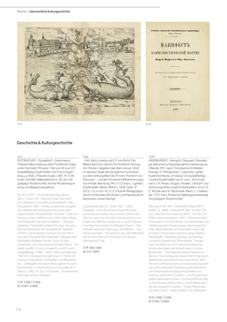 | 6
Geschichte & Kulturgeschichte
111 114
Bücher | Geschichte & Kulturgeschichte
111
FESTBÜCHER - Düsseldorf - Graminaeus,
Theodor. Beschreibung derer Fürstlicher Gülig-
scher Hochzeit. Mit gest. Titel und 36 (von 37)
doppelblattgr. Kupfertafeln von Frans Hogen-
berg u.a. Köln, [Theodor Gras], 1587. 4°. [138
(statt 142)] Bll. Halblederband d. 18. Jhs. mit
goldgepr. Rückenschild, reicher Rückenvergol-
dung und Wappensupralibros.
VD16 G 2797 - Ornamentstichslg. Berlin
2821 - Vinet 722 - Else Rümmler, Die Fürst-
lich Jülichsche Hochzeit zu Düsseldorf 1585.
Düsseldorf, 1983. - Dritte, erweiterte Ausgabe
der seltenen Beschreibung der prunkvollen
sogenannten "Düsseldorfer Hochzeit" 1585 von
Herzog Johann Wilhelm von Jülich-Kleve-Berg
und Markgräfin Jacobe von Baden. - Die dop-
pelblattgr. Textkupfer zeigen Einzüge, Trauung,
Bankett (teilweise mit Düsseldorfer Stadtan-
sichten), verschiedene Turniere auf der Bahn
und dem Düsseldorfer Marktplatz, Wappen der
beteiligten Adeligen, ferner 2 (von 3) See-
schlachten mit Feuerwerken auf dem Rhein. - Es
fehlen die Bll. J3 und J4 sowie K2 und K3 (mit 1
doppelblattgr. Tafel). - Gest. Titel und folgende
7 Bll. mit hinterlegten Eckabrissen, 5 Tafeln mit
zumeist hinterlegten Fehlstellen und Bildverlus-
ten. - Beiliegend die Faksimileausgabe mit dem
Kommentar von Rümmler (s.o.). Düsseldorf, H.
Marcus, 1982. 4°. Zus. in Schuber. - Numeriertes
Exemplar einer kl. Auflage.
CHF 2 000 / 3 000
(€ 2 040 / 3 060)
112
- Hirt, Alois Ludwig und K. F. von Brühl. Die
Weihe des Eros Uranios. Ein festlicher Aufzug
mit Tänzen. Gegeben den 8ten Januar 1818
im weissen Saale des Königlichen Schlosses,
zur Vermählungsfeier des Prinzen Friedrich von
Preussen ... und der Prinzessin Wilhelmine Luise
von Anhalt-Bernburg. Mit 13 (12 kolor., 1 gefalt.)
Kupfertafeln. Berlin, Wittich, 1818. Quer-4°
(25,2 × 31,5 cm). VI, 21 S. Original-Verlagspapp-
band mit Deckelschild (Ecken und Kapitale leicht
bestossen, etwas fleckig).
Lipperheide Sbb 24 - Vinet 702. - Erste
Ausgabe. - Romantisches Kostümfest des
preussischen Hofes, die schönen Tafeln nach
Zeichnungen von Stürmer und gestochen von
Jügel und Hillmann zeigen bis zu sechs Figuren
in antiken Kostümen in kräftigem Kolorit. - Die
Falttafel zeigt den Festzug in drei Reihen. - Sau-
beres Exemplar. - Provenienz: Aus der Bibliothek
des Prinzen Karl von Preussen, mit dessen
Stempel auf Titel.
CHF 500 / 800
(€ 510 / 820)
113*
HABSBURGER - Herrgott, Marquard. Genealo-
gia diplomatica Augustae gentis Habsburgicae.
3 Bände. Mit 3 gest. Frontispices (in Wieder-
holung), 3 Titelvignetten, 1 grenzkol., gefalt.
Kupferstichkarte, 24 (davon 16 doppelblattgr.,
1 losen) Kupfertafeln von A. und J. Schmuzer
nach J. H. Meyer, 18 gest. Initialen, 18 Kopf- und
Schlussvignetten sowie 6 Textkupfern von G. D.
C. Nicolai nach A. Altomonte. Wien, L. J. Kaliwo-
da, 1737. Folio. Moderne Halbpergamentbände
mit goldgepr. Rückenschild.
Wurzbach VIII, 364 - Dahlmann/Waitz 5974 -
Heller 11, 1908 - Graesse III, 260 - Coreth, Ös-
terr. Geschichtsschreibung 44 ff. - vom Bruch/
Müller, Historikerlexikon 146f. - Monumentales
Prachtwerk zur Geschichte und Genealogie des
habsburgischen Kaiserhauses überwiegend in
ihren Stammlanden am Oberrhein und in der
Schweiz. Die grossen Veduten zeigen Baden,
Freiburg/Br., Habsburg, Kyburg, Laufenburg,
Lenzburg, Rapperswil, Rheinfelden, Tiengen
usw. Die Karte von G.A. Steinberg zeigt den
Südschwarzwald, die Nordschweiz und den
Bodensee. - "Die Eigenart dieses Werkes ist,
daß es in der Anlage die direkte Nachfolge reich
bebilderter, barocker Ehrenwerke verrät, aber
mit der Sammlung nun auch bewusste Auswahl,
nach den neuesten Prinzipien geschulte Kritik
und Auseinandersetzung mit Quellen und
Autoren verbindet" (Coreth). - Leicht gebräunt,
stellenweise leicht stock- und feuchtfleckig (Bd.
1 vorne etwas stärker), Bd. 2 vorne etwas spor-
fleckig, insgesamt sauber. - Einige Marginalien
von alter Hand. - Gest. Exlibris "Jos. Raspieler".
CHF 2 000 / 3 000
(€ 2 040 / 3 060)
 