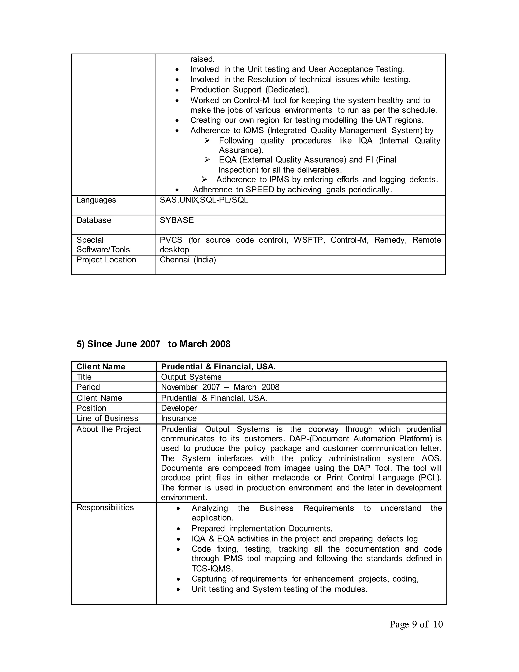 Page 9 of 10
raised.
 Involved in the Unit testing and User Acceptance Testing.
 Involved in the Resolution of technical issues while testing.
 Production Support (Dedicated).
 Worked on Control-M tool for keeping the system healthy and to
make the jobs of various environments to run as per the schedule.
 Creating our own region for testing modelling the UAT regions.
 Adherence to IQMS (Integrated Quality Management System) by
 Following quality procedures like IQA (Internal Quality
Assurance).
 EQA (External Quality Assurance) and FI (Final
Inspection) for all the deliverables.
 Adherence to IPMS by entering efforts and logging defects.
 Adherence to SPEED by achieving goals periodically.
Languages SAS,UNIX,SQL-PL/SQL
Database SYBASE
Special
Software/Tools
PVCS (for source code control), WSFTP, Control-M, Remedy, Remote
desktop
Project Location Chennai (India)
5) Since June 2007 to March 2008
Client Name Prudential & Financial, USA.
Title Output Systems
Period November 2007 – March 2008
Client Name Prudential & Financial, USA.
Position Developer
Line of Business Insurance
About the Project Prudential Output Systems is the doorway through which prudential
communicates to its customers. DAP-(Document Automation Platform) is
used to produce the policy package and customer communication letter.
The System interfaces with the policy administration system AOS.
Documents are composed from images using the DAP Tool. The tool will
produce print files in either metacode or Print Control Language (PCL).
The former is used in production environment and the later in development
environment.
Responsibilities  Analyzing the Business Requirements to understand the
application.
 Prepared implementation Documents.
 IQA & EQA activities in the project and preparing defects log
 Code fixing, testing, tracking all the documentation and code
through IPMS tool mapping and following the standards defined in
TCS-IQMS.
 Capturing of requirements for enhancement projects, coding,
 Unit testing and System testing of the modules.
 