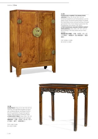 | 132
Asiatica | China
331 ♣
HUANGHUALI-KABINETTSCHRANK (FANG
JIAOGUI). China, 19. Jh. 95 × 50 × 147 cm.
Schlichte Quaderform auf Vierkantbeinen und mit
glatter Zarge. Runde Bronzebeschläge mit gewell-
tem Rand bieten einen schönen Kontrast zum edel
gemaserten Holz. Innen rotbraun gestrichen. Die
Einlegeböden sind verloren. Min. besch.
A FINE HUANGHUALI SQUARE CORNER CABINET
(FANGJIAOGUI). China, 19th c. 95 × 50 × 147 cm.
Bronze fittings. The insert shelves are lost. Minor
damage.
精美黃花梨方角櫃。 中國，19世紀，95 × 50
× 147厘米。 青銅配件。插入隔板遺失。 輕微
損壞。
CHF 10 000 / 15 000
(€ 10 310 / 15 460)
332 ♣
ALTARTISCH. China, 19. Jh. 46 × 93 × 87 cm.
Hartholz. Schmale Rahmenplatte auf gera-
den, profilierte Beinen, die Zarge ist durch-
brochen gearbeitet mit geschwungenen
Ranken. Rahmenplatte mit kleinem Spalt.
A FINE ALTAR'S TABLE. China, 19th c. 46 × 93
× 87 cm. Hardwood. Table top with small gap.
精美供桌。 中國，19世紀，約 46 × 93 ×
87 厘米。 硬木。 桌面间隙小。
CHF 1 500 / 2 500
(€ 1 550 / 2 580)
 
