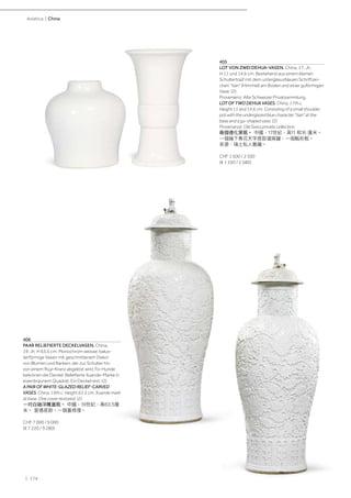 | 174
Asiatica | China
405
LOT VON ZWEI DEHUA-VASEN. China, 17. Jh.
H 11 und 14,6 cm. Bestehend aus einem kleinen
Schultertopf mit dem unterglasurblauen Schriftzei-
chen "tian" (Himmel) am Boden und einer guförmigen
Vase. (2)
Provenienz: Alte Schweizer Privatsammlung.
LOT OF TWO DEHUA VASES. China, 17th c.
Height 11 and 14.6 cm. Consisting of a small shoulder
pot with the underglazed blue character "tian" at the
base and a gu-shaped vase. (2)
Provenance: Old Swiss private collection.
兩個德化窯瓶。 中國，17世紀，高11 和16 厘米。
一個釉下青花天字底款溜肩罐，一個觚形瓶。
來源：瑞士私人舊藏。
CHF 1 500 / 2 500
(€ 1 550 / 2 580)
406
PAAR RELIEFIERTE DECKELVASEN. China,
19. Jh. H 63,5 cm. Monochrom weisse, balus-
terförmige Vasen mit geschnittenem Dekor
von Blumen und Ranken, der zur Schulter hin
von einem Ruyi-Kranz abgelöst wird. Fo-Hunde
bekrönen die Deckel. Reliefierte Xuande-Marke in
eisenbraunem Quadrat. Ein Deckel rest. (2)
A PAIR OF WHITE-GLAZED RELIEF-CARVED
VASES. China, 19th c. Height 63.5 cm. Xuande mark
at base. One cover restored. (2)
一对白釉浮雕蓋瓶。 中國，19世紀，高63.5厘
米。 宣德底款。一個蓋修復。
CHF 7 000 / 9 000
(€ 7 220 / 9 280)
 