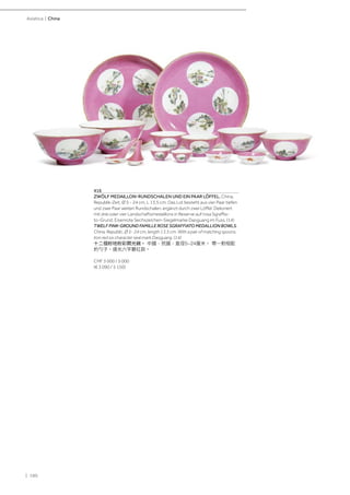 | 180
Asiatica | China
416
ZWÖLF MEDAILLON-RUNDSCHALEN UND EIN PAAR LÖFFEL. China,
Republik-Zeit, Ø 5 - 24 cm, L 13,5 cm. Das Lot besteht aus vier Paar tiefen
und zwei Paar weiten Rundschalen, ergänzt durch zwei Löffel. Dekoriert
mit drei oder vier Landschaftsmedaillons in Reserve auf rosa Sgraffia-
to-Grund. Eisenrote Sechszeichen-Siegelmarke Daoguang im Fuss. (14)
TWELF PINK-GROUND FAMILLE ROSE SGRAFFIATO MEDALLION BOWLS.
China, Republic, Ø 5- 24 cm, length 13.5 cm. With a pair of matching spoons.
Iron red six character seal mark Daoguang. (14)
十二個粉地粉彩開光碗。 中國，民國，直徑5-24厘米。 帶一對相配
的勺子。道光六字礬紅款。
CHF 3 000 / 5 000
(€ 3 090 / 5 150)
 
