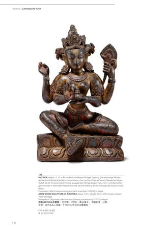 | 30
Asiatica | Lamaistische Kunst
142
MATRIKA. Nepal, 17. Jh. H 44 cm. Holz mit Resten farbiger Fassung. Die vierarmige Mutter-
gottheit sitzt lächelnd auf einem Lotosthron, ihren rechten Fuss auf einem Söckelchen abge-
stützt. Sie ist mit einer hohen Krone, ausladenden Ohrgehängen, Hals-, Arm- und Beinreifen
geschmückt. In ihrer linken Haupthand hält sie eine Kalasha, die rechte zeigt die vitarka-mudra.
Besch.
Provenienz: Alte Privatsammlung aus Genf, erworben 1971/72 in Nepal.
A FINE WOOD SCULPTURE OF A MATRIKA. Nepal, 17th c. Height 44 cm. With remains of paint.
Minor damages.
Provenance: Old private collection from Geneva, purchased in 1971/72 in Nepal.
精美MATRIKA木雕像。 尼泊爾，17世紀，高44厘米。 殘留彩漆。小傷。
來源：日内瓦私人收藏，于1971/72年在尼泊爾購得。
CHF 5 000 / 8 000
(€ 5 150 / 8 250)
 