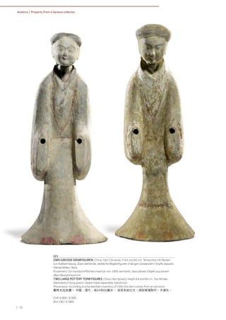 | 76
Asiatica | Property from a Geneva collector
221
ZWEI GROSSE GRABFIGUREN. China, Han-Dynastie, H 64 und 66 cm. Terracotta mit Resten
von Kaltbemalung. Zwei stehende, weibliche Begleitfiguren in langen Gewändern. Köpfe separat.
Hände fehlen. Best.
Provenienz: Ein handschriftliches Inventar von 1995 vermerkt, dass dieses Objekt aus einem
alten Bestand kommt.
TWO LARGE POTTERY TOMB FIGURES. China, Han dynasty, height 64 and 66 cm. Two female
attendants in long gowns. Heads made separately. Hands lost.
Provenance: According to a handwritten inventory of 1995 this item comes from an old stock.
兩件大仕女俑。 中國，漢代，高64和66釐米。 身穿長袍仕女。頭部單獨製作。手遺失。
CHF 6 000 / 9 000
(€ 6 190 / 9 280)
 