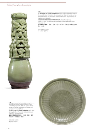 | 80
Asiatica | Property from a Geneva collector
227
LONGQUAN SELADON-URNENVASE. China, Yuan-Dynastie, H 53,5 cm.
Grosses Gefäss mit ovoidem Corpus und langem Zylinderhals der umlau-
fend dekoriert ist mit plastischer, zeremonieller Szene. Noppendekor am
Gefässrand. Holzstand.
A LONGQUAN SELADON FUNERARY URN. China, Yuan dynasty,
height 53.5 cm. The long neck decorated with a raised ceremonial scene.
Wood stand.
龍泉青瓷葬禮瓶。 中國，元朝，高53.5釐米。 長頸上裝飾儀式場景浮
雕。 木架。
CHF 8 000 / 12 000
(€ 8 250 / 12 370)
228
GROSSE LONGQUAN SELADONSCHALE.
China, Ming-Dynastie, Ø 35 cm. Grosse Rund-
schale mit geritzer Lotosblüte im Spiegel und
gerippter Innenwand. Rest.
A LONGQUAN CELADON CHARGER. China, Ming
dynasty, Ø 35 cm. The center of the dish incised
with a lotus flower. Restored.
龍泉窯青釉菊瓣折沿洗。 中國，明朝，直徑
35厘米。 中央蓮紋。修復。
CHF 2 000 / 3 000
(€ 2 060 / 3 090)
 