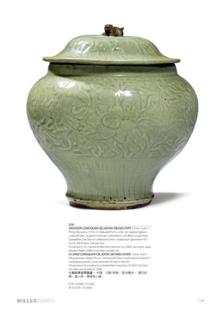 | 81
229
GROSSER LONGQUAN SELADON-DECKELTOPF. China, Yuan-/
Ming-Dynastie, H 39 cm. Balusterform, unter der Seladonglasur
umlaufender, eingeschnittener Lotosdekor und Blattzungenfries.
Gewölbter Deckel mit vollplastischem, mattbraun glasiertem Fo-
Hund. Rand best. Deckel rest.
Provenienz: Ein handschriftliches Inventar von 2002 vermerkt, dass
dieses Objekt 1980 erworben worden ist.
A LARGE LONGQUAN CELADON JAR AND COVER. China, Yuan-/
Ming dynasty, height 39 cm. Carved with lotus scrolls above a band of
overlapping petals. Cover restored. A chip to the rim.
Provenance: According to a handwritten inventory of 2002 this item
has been purchased in 1980.
大龍泉青瓷帶蓋罐。 中國，元朝/明朝，高39釐米。 蓮花紋
飾。蓋小修。邊緣有小磕。
CHF 10 000 / 15 000
(€ 10 310 / 15 460)
 