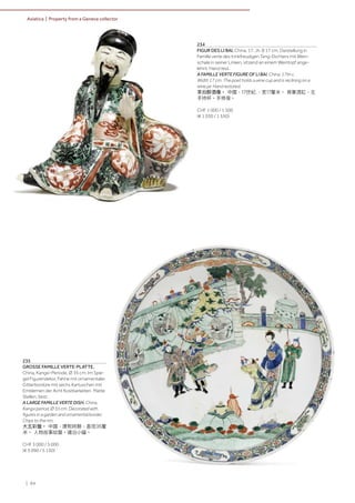 | 84
Asiatica | Property from a Geneva collector
234
FIGUR DES LI BAI. China, 17. Jh. B 17 cm. Darstellung in
Famille verte des trinkfreudigen Tang-Dichters mit Wein-
schale in seiner Linken, sitzend an einem Weintopf ange-
lehnt. Hand rest.
A FAMILLE VERTE FIGURE OF LI BAI. China, 17th c.
Width 17 cm. The poet holds a wine cup and is reclining on a
wine jar. Hand restored.
李白醉酒像。 中國，17世紀.，宽17釐米。 背靠酒缸，左
手持杯。手修復。
CHF 1 000 / 1 500
(€ 1 030 / 1 550)
235
GROSSE FAMILLE VERTE-PLATTE.
China, Kangxi-Periode, Ø 35 cm. Im Spie-
gel Figurendekor, Fahne mit ornamentaler
Gitterbordüre mit sechs Kartuschen mit
Emblemen der Acht Kostbarkeiten. Matte
Stellen, best.
A LARGE FAMILLE VERTE DISH. China,
Kangxi period, Ø 35 cm. Decorated with
figures in a garden and ornamental border.
Chips to the rim.
大五彩盤。 中國，康熙時期，直徑35釐
米。 人物故事紋盤。邊沿小磕。
CHF 3 000 / 5 000
(€ 3 090 / 5 150)
 