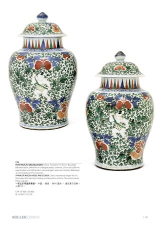 | 85
236
PAAR WUCAI-DECKELVASEN. China, Transition, H 40 cm. Bauchige
Balustervasen, dekoriert in Unterglasurblau, Eisenrot, Grün und Gelb mit
zwei Knaben und blühenden Lotosstängeln zwischen dichtem Blattwerk.
Je mit Holzstand. Min. best. (2)
A PAIR OF WUCAI VASES AND COVER. China, transitional, height 40 cm.
Decorated with two boys holding scrolling stems of lotus. Two wood stands.
Minor chip. (2)
一對五彩帶蓋將軍罐。 中國， 過渡， 高40 釐米.。 連生貴子紋飾。
小傷 (2)。
CHF 15 000 / 25 000
(€ 15 460 / 25 770)
 