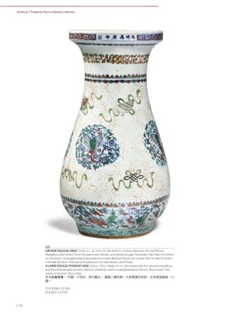 | 86
Asiatica | Property from a Geneva collector
237
GROSSE DOUCAI-VASE. China, 17. Jh. H 41 cm. Birnenform. Corpus dekoriert mit vier Phönix-
Medaillons über einem Fond mit eisenroten Ranken und Ashtamangala-Symbolen. Der Hals mit mehre-
ren Bordüren. Unterglasurblaue Sechszeichenmarke Wanli am Rand. Der untere Teil mit zwei Phönixen
in floraler Bordüre. Holzstand. Fussbereich mit zwei Rissen, leicht best.
A LARGE DOUCAI 'PHOENIX' VASE. China, 17th c. Height 41 cm. Decorated with four phoenix medaillons
and the ashtamangala symbols. Wanli six-character mark in underglaze blue to the rim. Wood stand. Two
cracks at the foot. Minor chips.
大斗彩鳳尾尊。 中國，17世紀，高41釐米。 團鳳八寶紋飾。大明萬曆年制款。足有兩條衝線。小
磕。
CHF 8 000 / 12 000
(€ 8 250 / 12 370)
 
