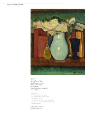 3236*
DEZSÖ CZIGÁNY
(1883 Budapest 1939)
Still life with blue glass.
Oil on canvas.
Signed lower right: Czigány D.
57.5 × 47.5 cm.
Provenance:
- Private collection Hungary.
- Auction Kieselbach, Budapest,
16.12.2019, lot 98.
- Private collection Germany, acquired at
the above auction and by descent to the
present owners.
CHF 15 000 / 25 000
(€ 15 460 / 25 770)
| 44
Impressionist  Modern Art
 
