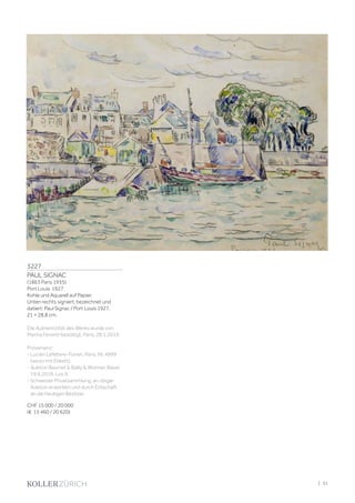 3227
PAUL SIGNAC
(1863 Paris 1935)
Port Louis. 1927.
Kohle und Aquarell auf Papier.
Unten rechts signiert, bezeichnet und
datiert: Paul Signac / Port Louis 1927.
21 × 28,8 cm.
Die Authentizität des Werks wurde von
Marina Ferretti bestätigt, Paris, 28.1.2019.
Provenienz:
- Lucien Lefebvre-Foinet, Paris, Nr. 4899
(verso mit Etikett).
- Auktion Beurret  Bailly  Widmer, Basel,
19.6.2019, Los 9.
- Schweizer Privatsammlung, an obiger
Auktion erworben und durch Erbschaft
an die heutigen Besitzer.
CHF 15 000 / 20 000
(€ 15 460 / 20 620)
| 31
 