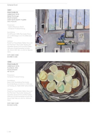 3087
MAX GUBLER
(1898 Zürich 1973)
Atelier Montrouge.
Öl auf Leinwand.
Unten rechts signiert: m gubler.
33,5 × 41,5 cm.
Provenienz:
- Galerie Aktuaryus, Zürich.
- Schweizer Privatsammlung.
Ausstellung:
Schaffhausen 1998, Max Gubler, Muse-
um zu Allerheiligen, 5.4.–1.6.1998 (verso
Etikett).
Literatur:
Rudolf von Frauenfelder, Walter Hess und
Karl Mannhart: Max Gubler. Katalog der
Gemälde. Eduard, Ernst und Max Gubler-
Stiftung in Zusammenarbeit mit dem
SIK, Zürich 1997, Bd. I, S. 259, Nr. 388 (mit
Abb.).
CHF 3 000 / 5 000
(€ 3 090 / 5 150)
3088
MAX GUBLER
(1898 Zürich 1973)
Fruchtkorb. 1955.
Öl auf Leinwand.
46 × 61 cm.
Provenienz:
Schweizer Privatsammlung.
Ausstellung:
Basel 1959, Ausstellung Max Gubler,
Kunsthalle Basel, 24.10–22.11.1959, aus-
ser Katalog, als Äpfel 1956 (verso Etikett).
Literatur:
Rudolf von Frauenfelder, Walter Hess und
Karl Mannhart: Max Gubler. Katalog der
Gemälde. Eduard, Ernst und Max Gubler-
Stiftung in Zusammenarbeit mit dem SIK,
Zürich 1997, Bd. III, S. 193, Nr. 1954 (mit
Abb.).
CHF 3 500 / 5 500
(€ 3 610 / 5 670)
Schweizer Kunst
| 106
 