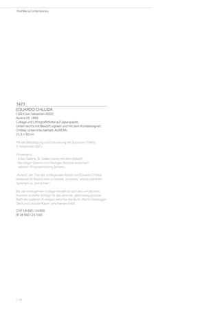 3423
EDUARDO CHILLIDA
(1924 San Sebastián 2002)
Aurera VII. 1969.
Collage und Lithografiefarbe auf Japanpapier.
Unten rechts mit Bleistift signiert und mit dem Künstlersignet:
Chillida. Unten links betitelt: AURERA.
21,5 × 30 cm.
Mit der Bestätigung und Erläuterung der Sucesión Chillida,
5. November 2021.
Provenienz:
- Erker Galerie, St. Gallen (verso mit dem Etikett).
- Bei obiger Galerie vom heutigen Besitzer erworben,
seitdem Privatsammlung Schweiz.
„Aurera“, der Titel der vorliegenden Arbeit von Eduardo Chillida,
bedeutet im Baskischen so viel wie „vorwärts“ und ist somit ein
Synonym zu „bon à tirer“.
Bei der vorliegenden Collage handelt es sich also um die vom
Künstler erstellte Vorlage für das zentrale, gleichzeitig grösste
Blatt der späteren 8-teiligen Serie für das Buch „Martin Heidegger:
Die Kunst und der Raum“, erschienen 1969.
CHF 18 000 / 24 000
(€ 18 560 / 24 740)
| 28
PostWar  Contemporary
 