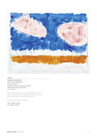 3445*
MARIO SCHIFANO
(Homs 1934–1998 Rom)
Ohne Titel. 1974.
Emaille und Wachskreide auf Leinwand.
Unten rechts signiert: Schifano.
77,5 × 99 cm.
Mit der Bestätigung der Authentizität durch das Archivio
Mario Schifano, Rom, 20. Juli 2022. Das Werk ist im Archiv
unter der Nummer: 05154220528, registriert.
Provenienz: Privatsammlung Italien.
CHF 15 000 / 25 000
(€ 15 460 / 25 770)
| 47
 