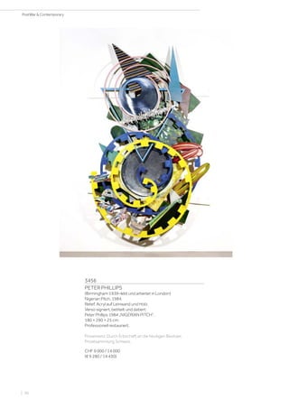 3456
PETER PHILLIPS
(Birmingham 1939–lebt und arbeitet in London)
Nigerian Pitch. 1984.
Relief. Acryl auf Leinwand und Holz.
Verso signiert, betitelt und datiert:
Peter Phillips 1984 „NIGERIAN PITCH“.
180 × 290 × 25 cm.
Professionell restauriert.
Provenienz: Durch Erbschaft an die heutigen Besitzer,
Privatsammlung Schweiz.
CHF 9 000 / 14 000
(€ 9 280 / 14 430)
| 56
PostWar  Contemporary
 